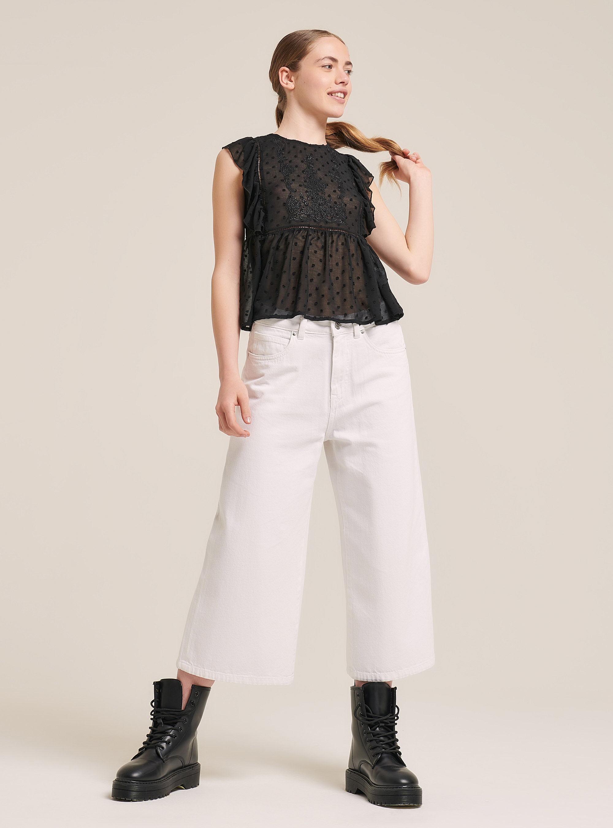 Blouse with embroidery and mini ruffles, BLACK