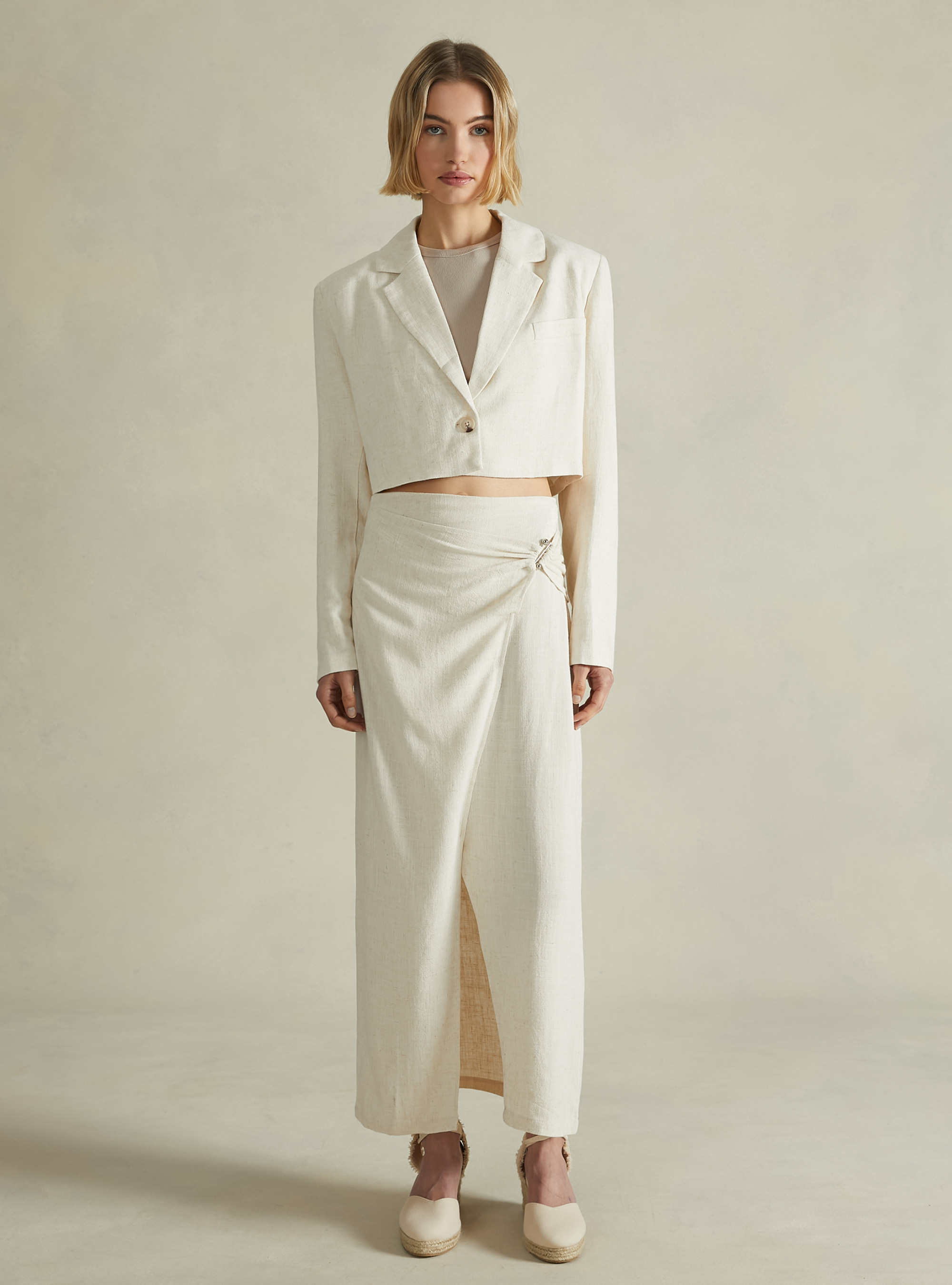 Asymmetric midi skirt in linen blend, MBG3 BEIGE MEL LIGHT