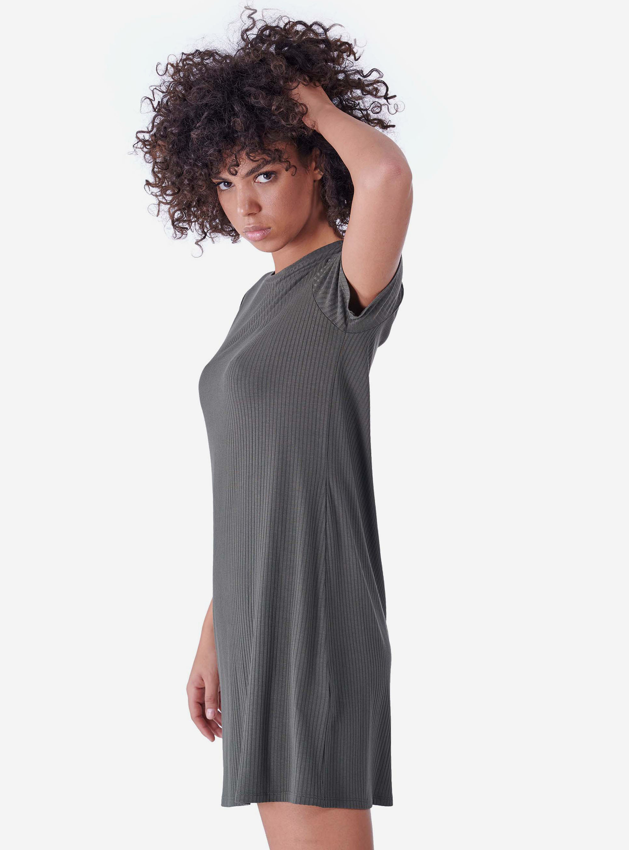 Vestito corto in cotone a costine fit morbido, KAKI