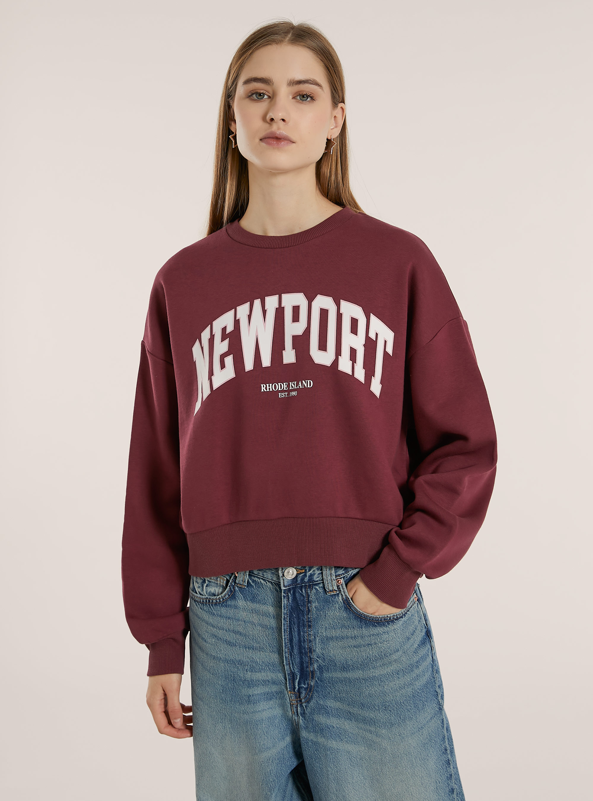 Sweatshirt mit Boxy-Fit und City-Print, BO1 BORDEAUX DARK