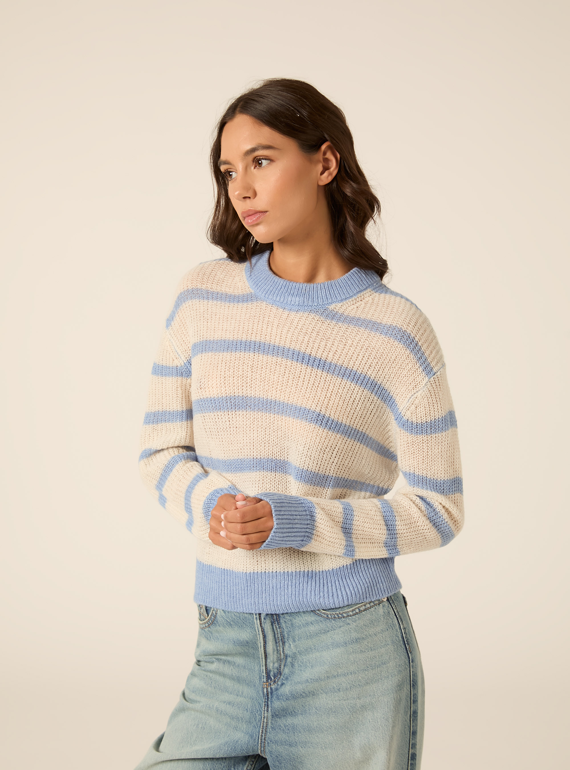 Pullover girocollo a righe, AZ2 AZURE MEDIUM