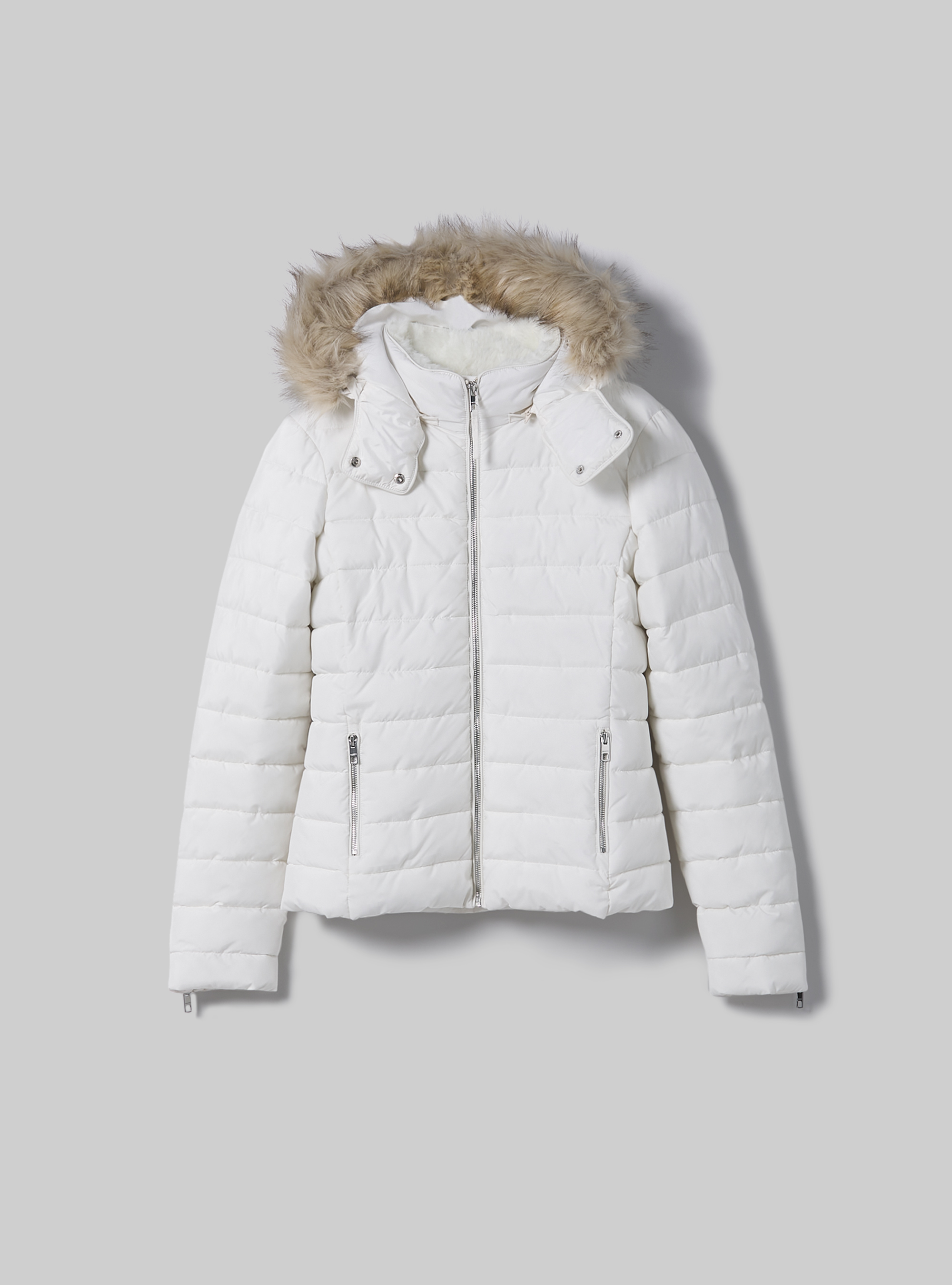 Padded jacket with hood and faux fur collar, WH1 OFF WHITE