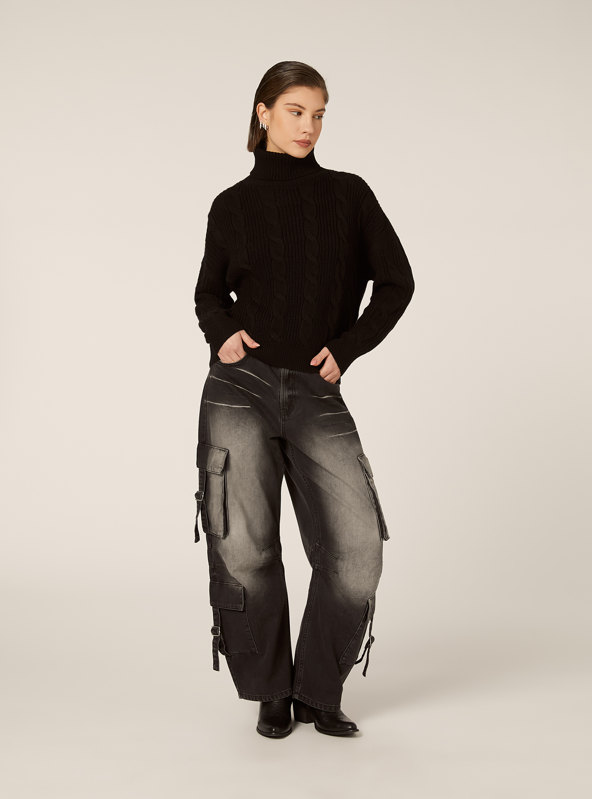 High-neck pullover with cable knit, BK1 BLACK