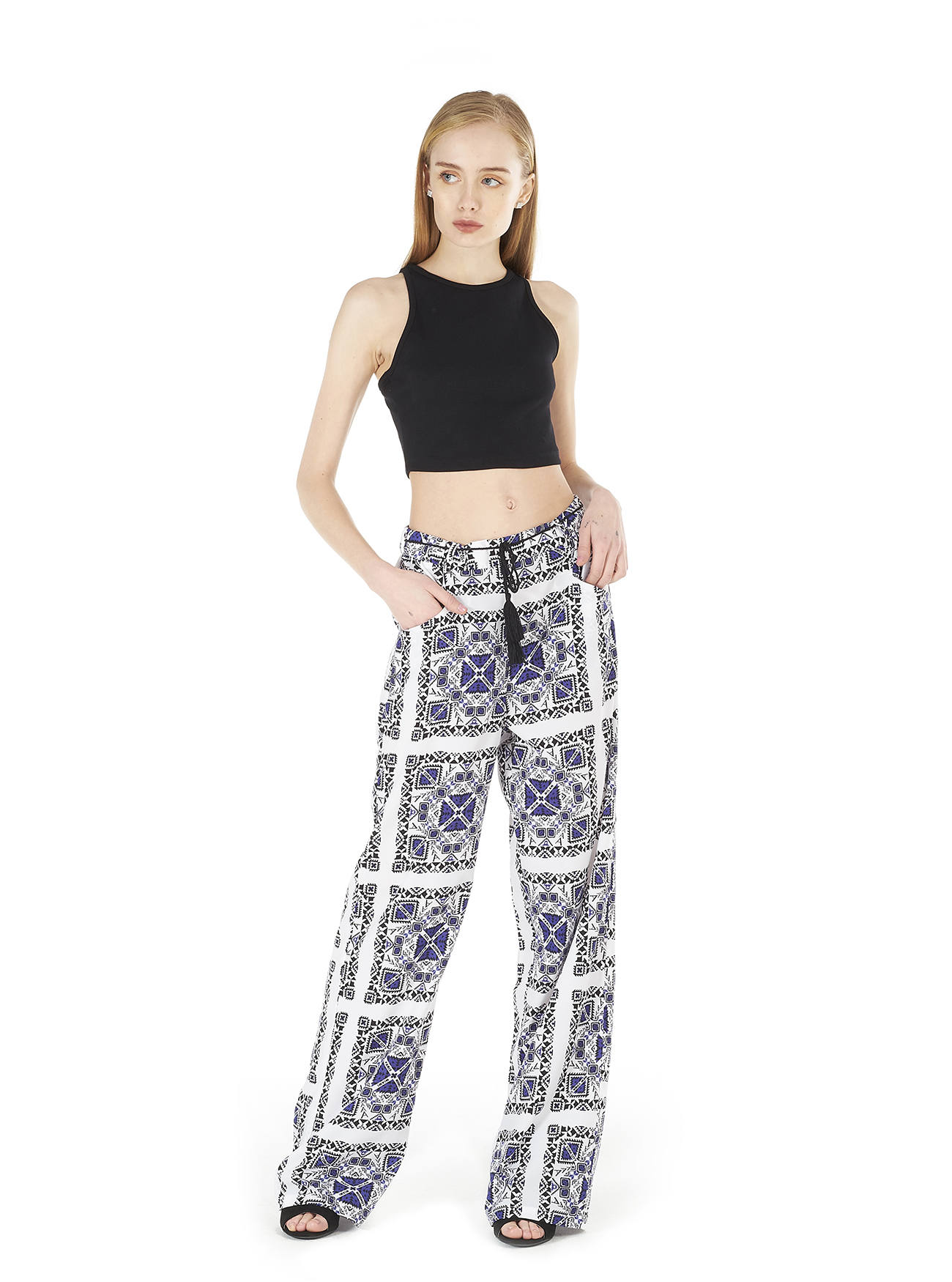 Pantalone loose fit con stampa etnica, BLU MARINO