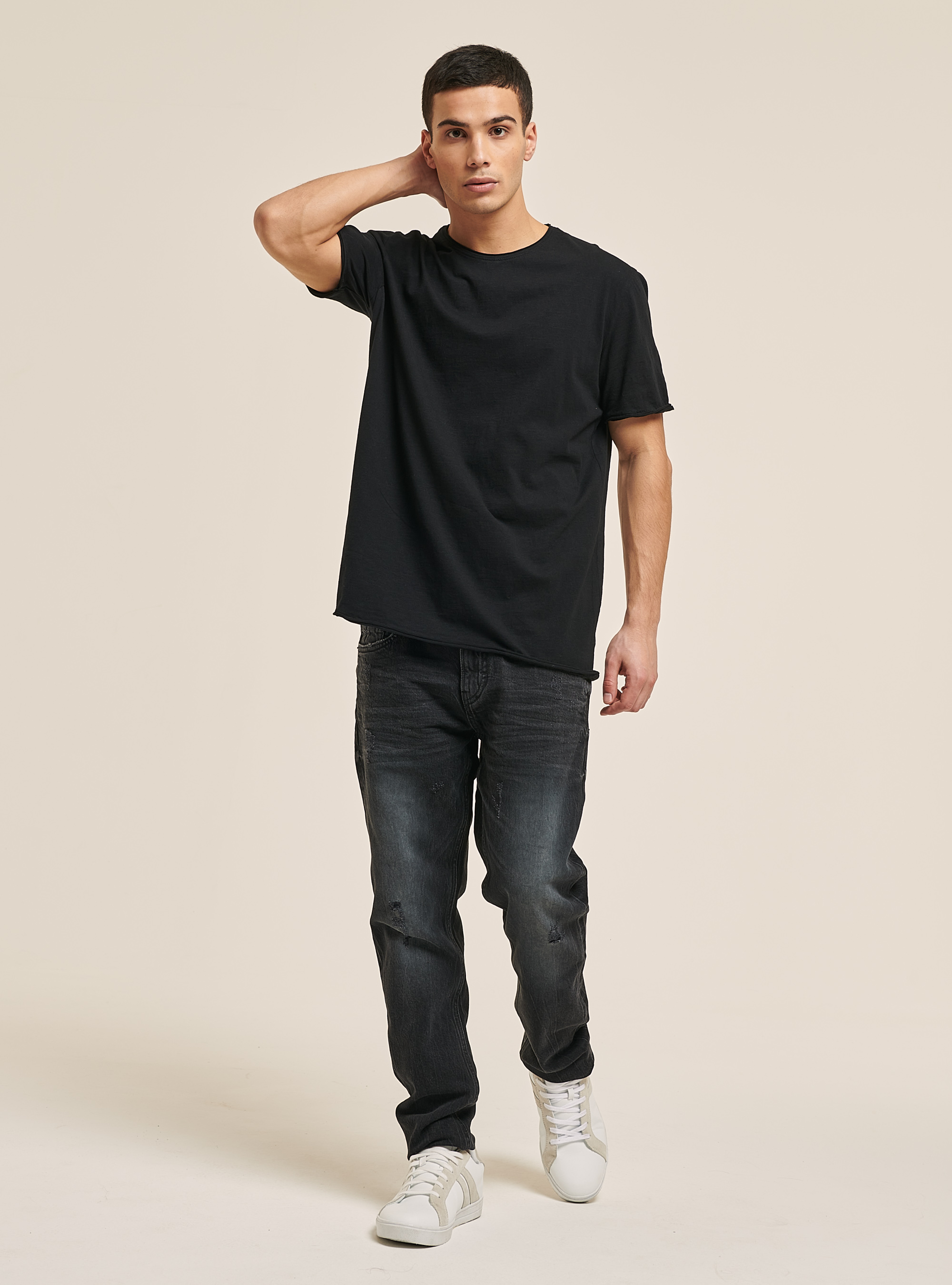 Basic plain cotton T-shirt, BLACK