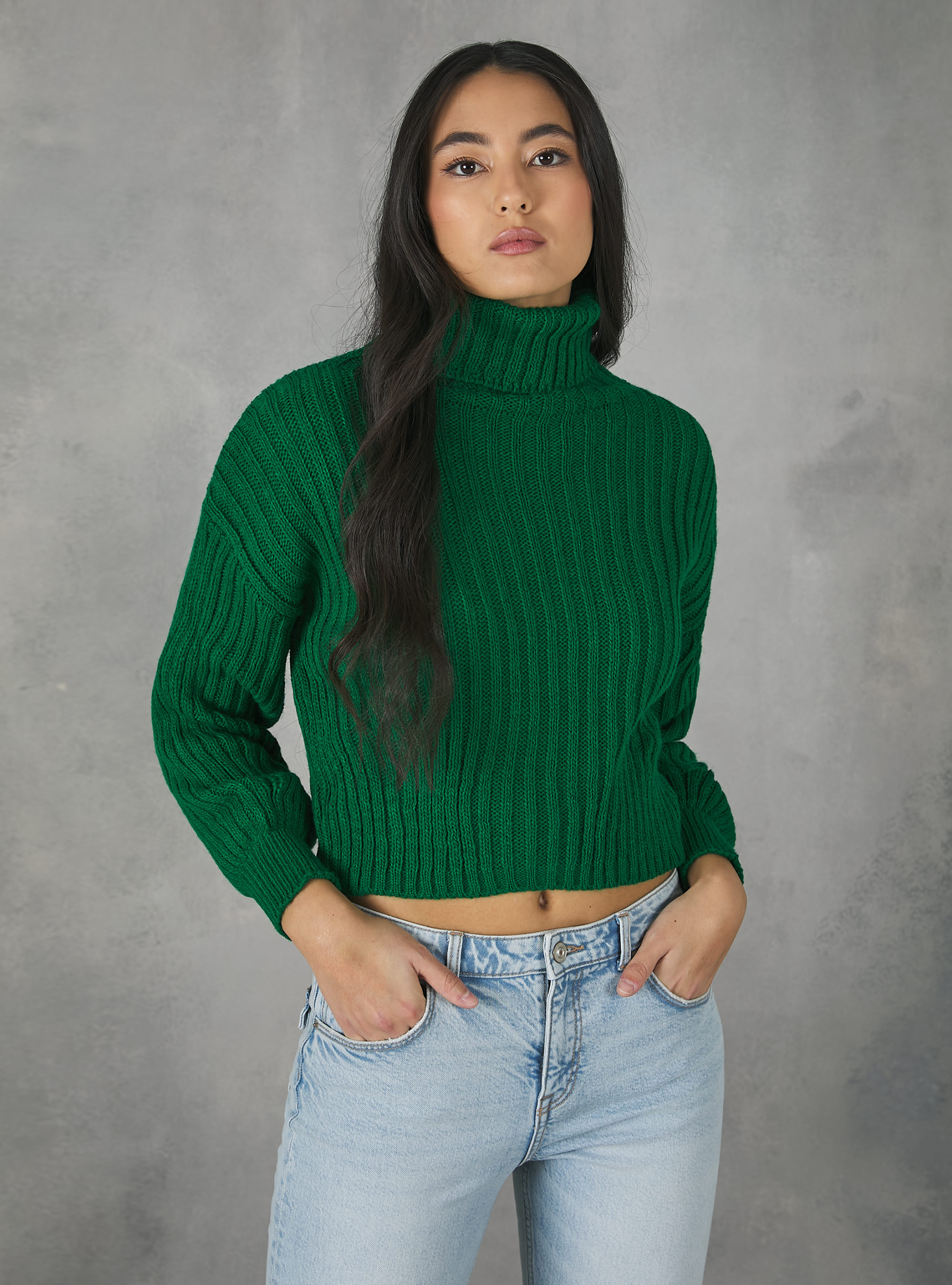 Pullover collo alto a coste, GN1 GREEN DARK