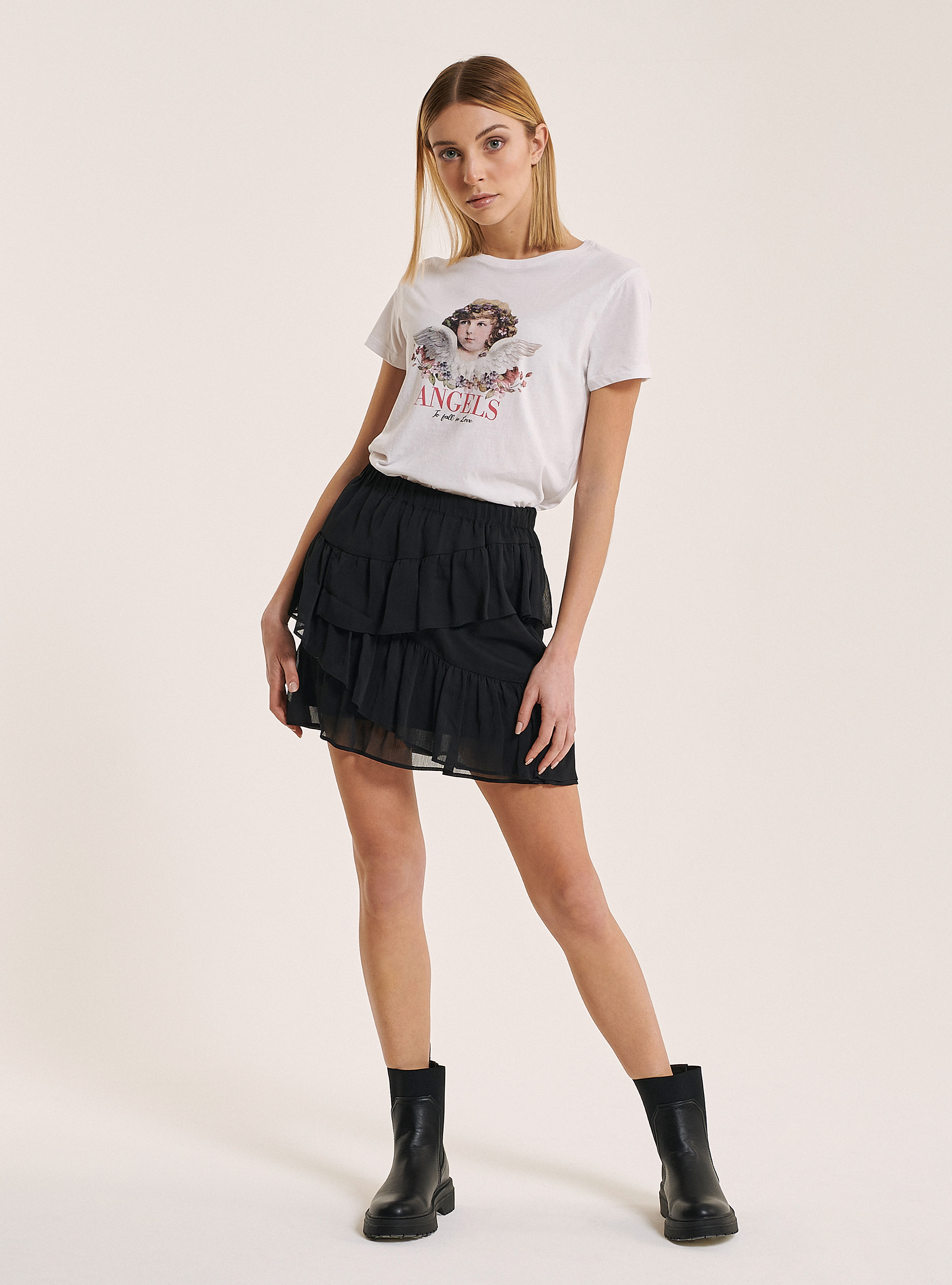 Gonna mini con volant tinta unita, NERO