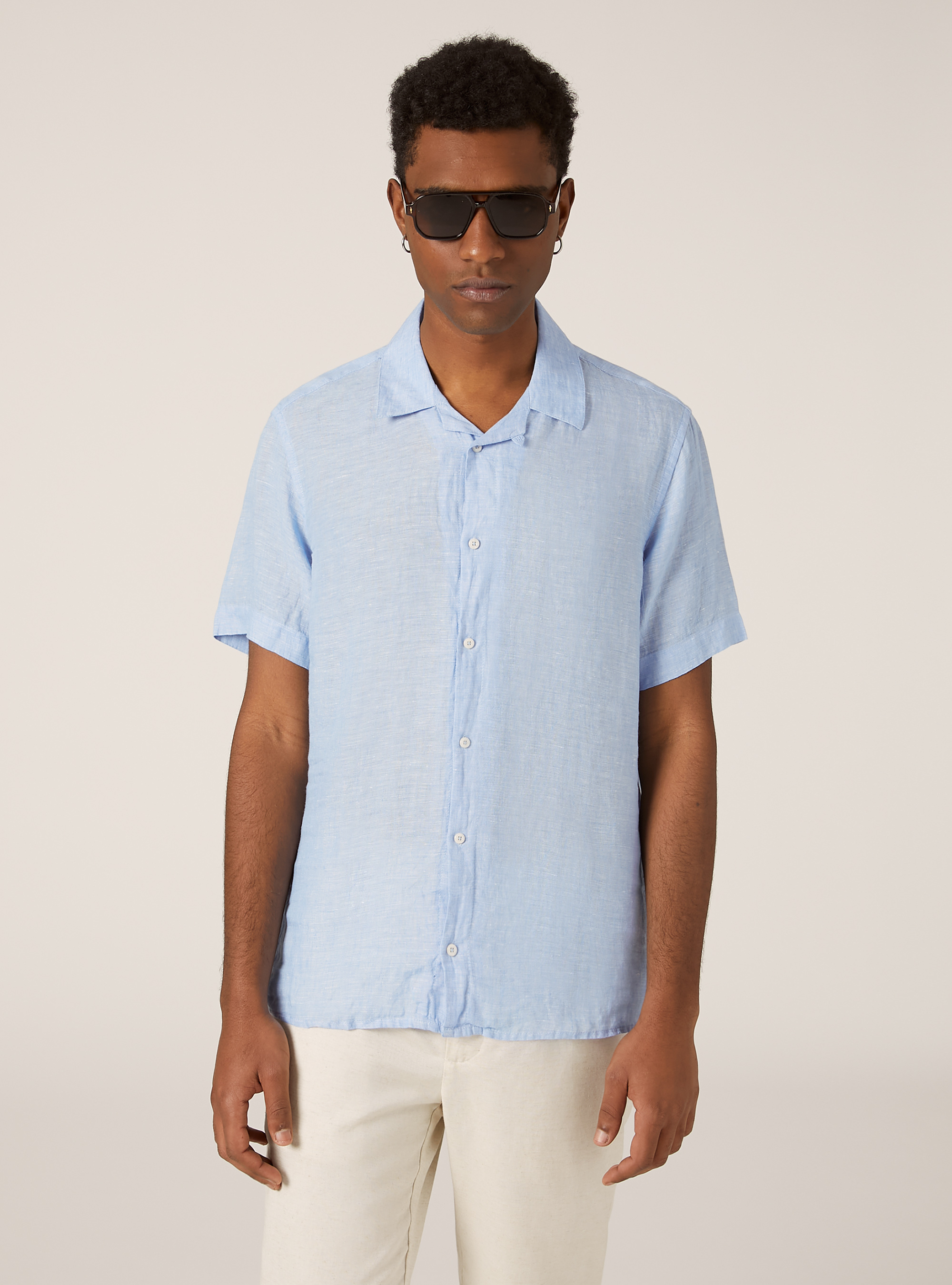 Camisa de manga corta de puro lino, CELESTE