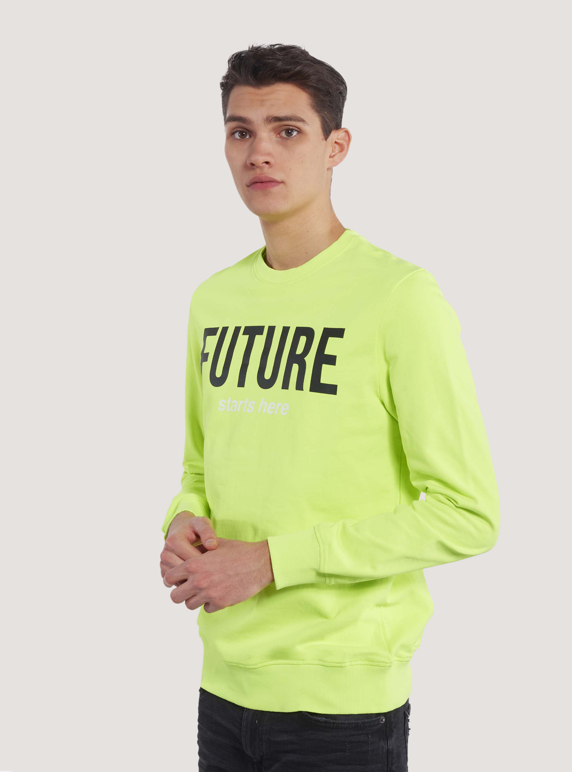 Felpa girocollo fluo con slogan stampato, GIALLO