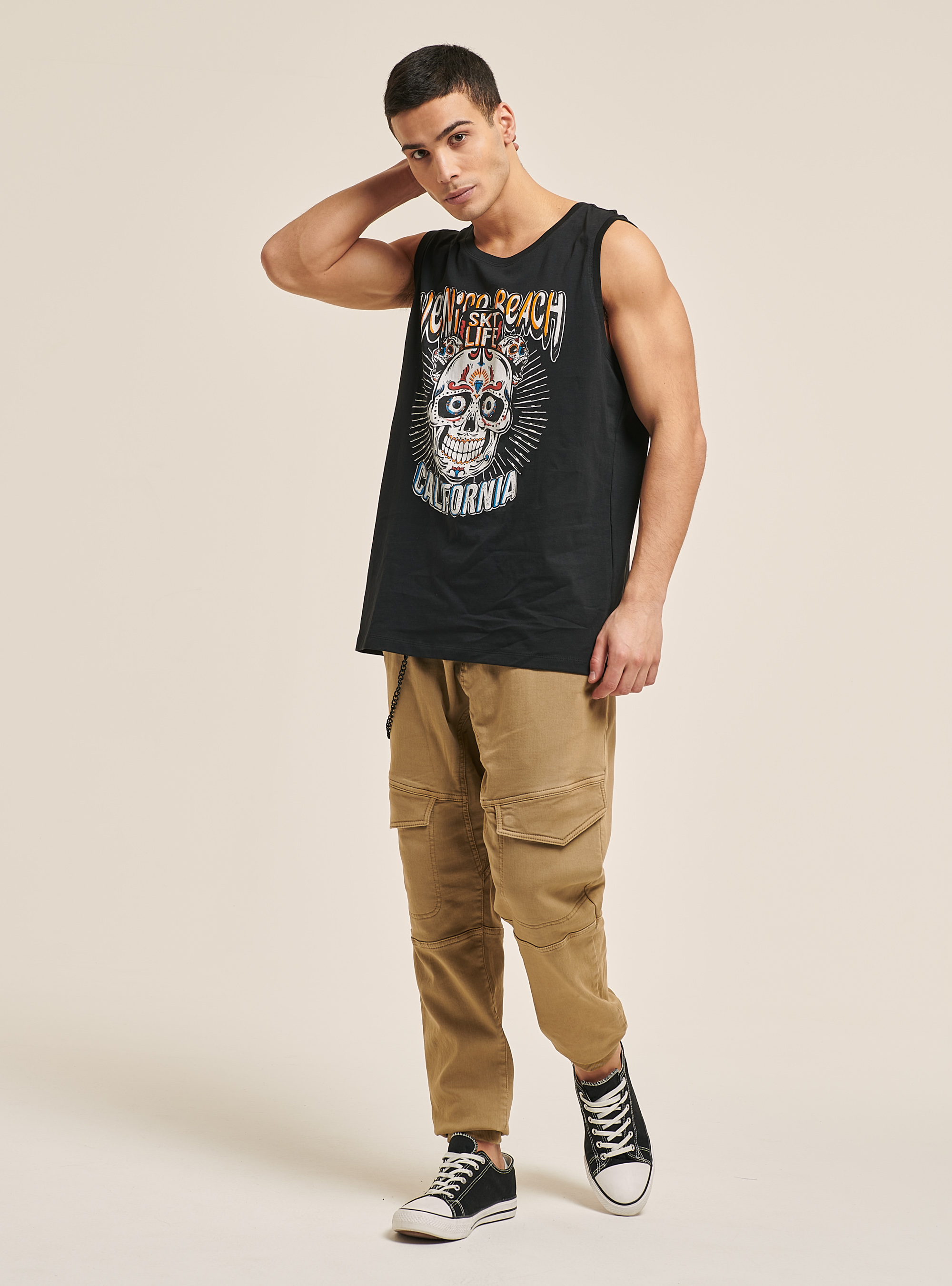 Cotton skull print tank top, BLACK