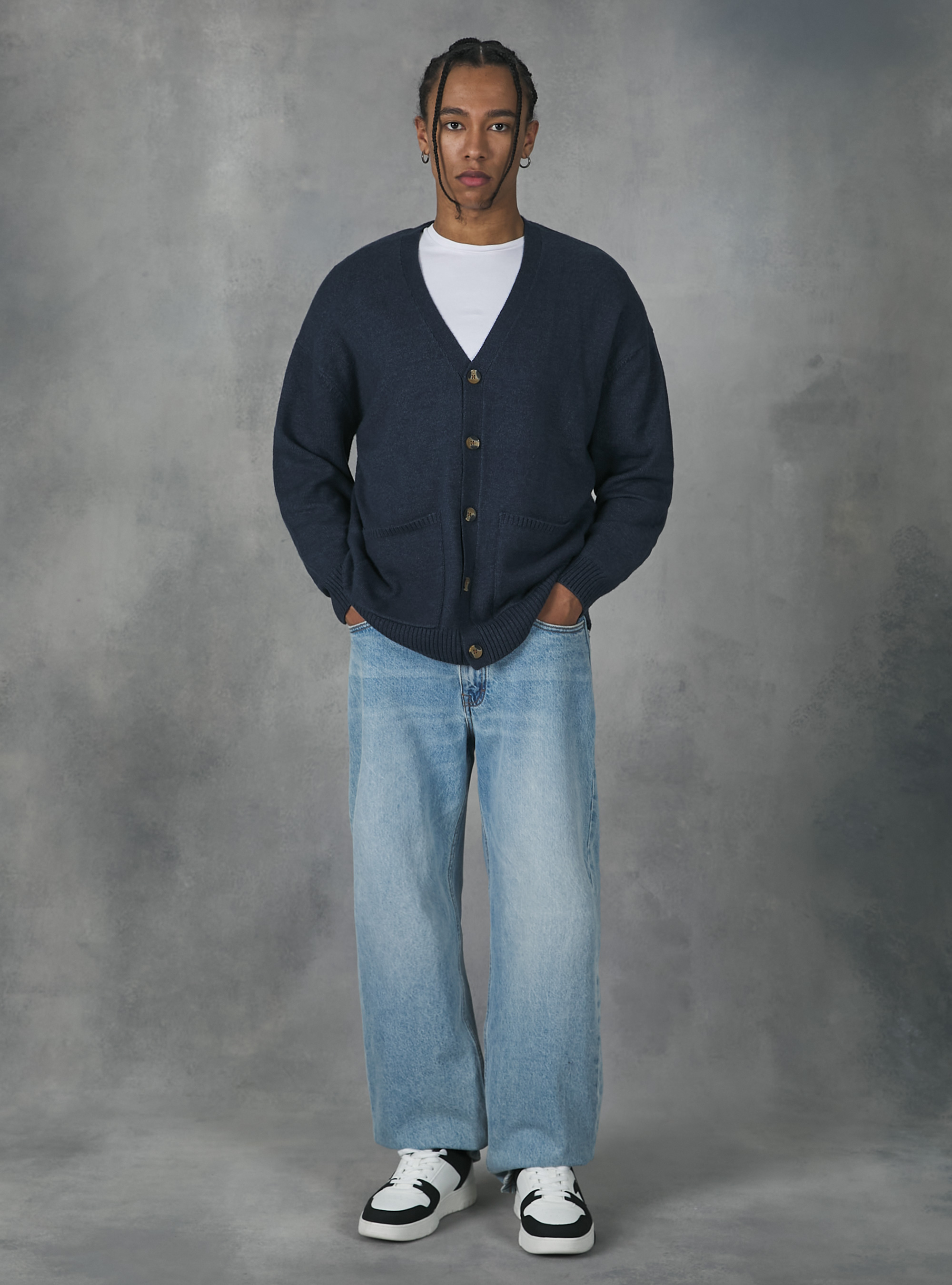 Cardigan pullover with buttons, MNA1 NAVY MEL DARK