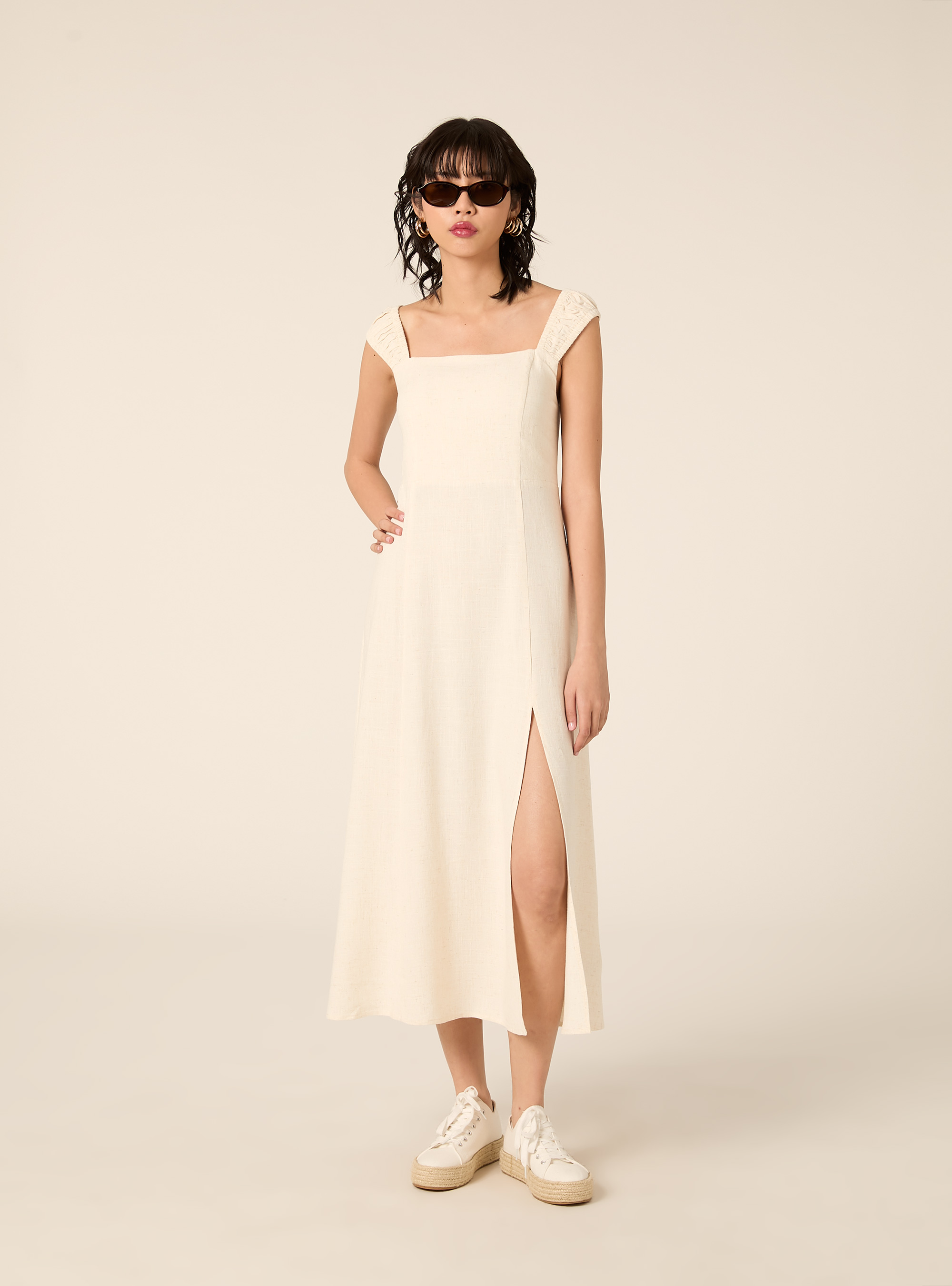 Vestito incrociato sulla schiena in misto lino, MBG3 BEIGE MEL LIGHT