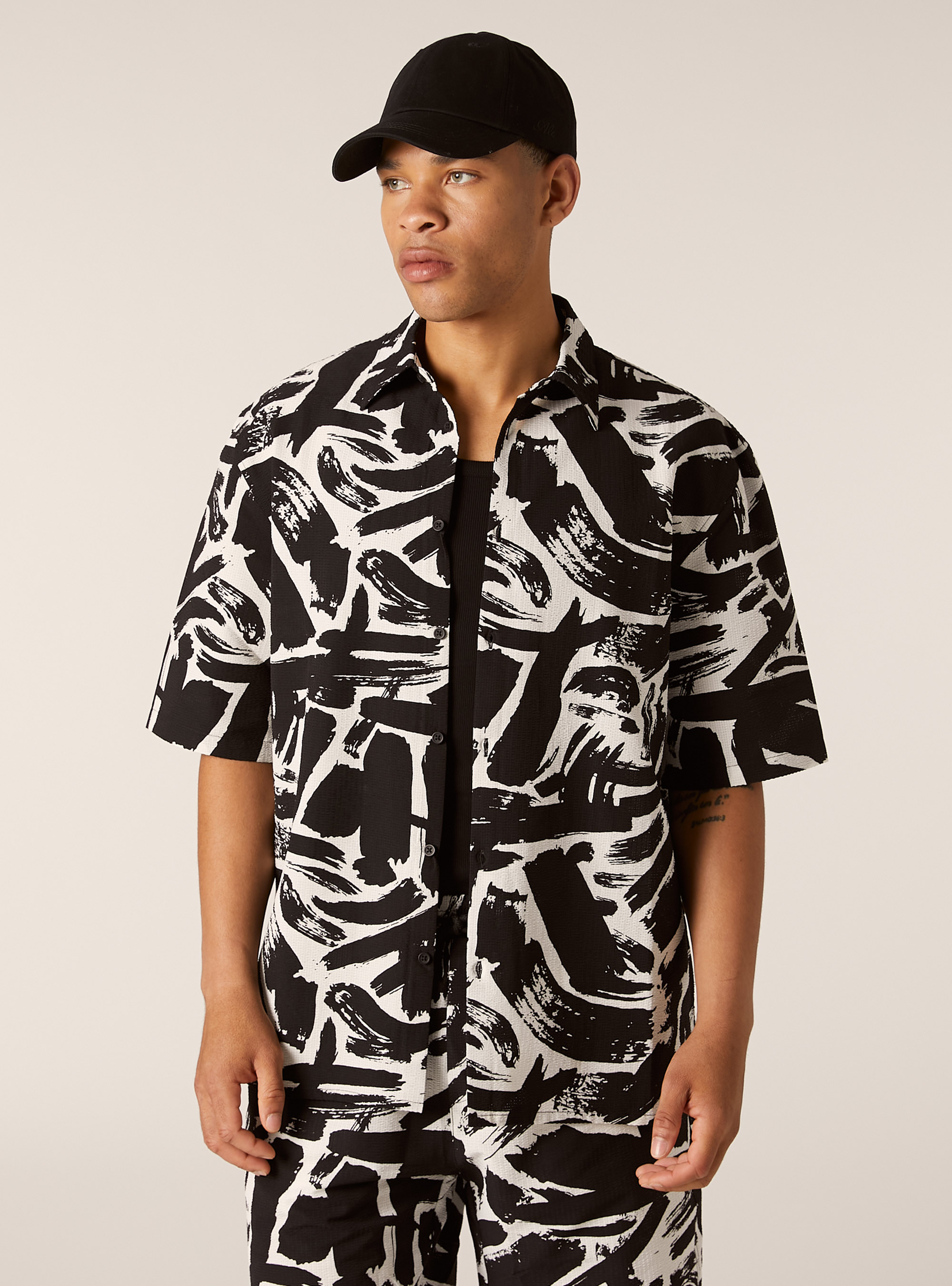 Chemise en seersucker imprim&eacute;, BK1 BLACK