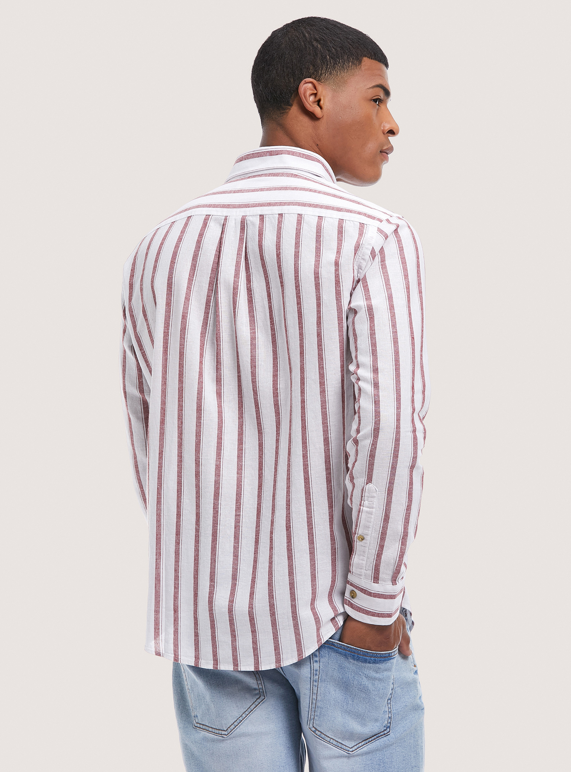Camicia in misto lino rigata, C0333 BORDEAUX