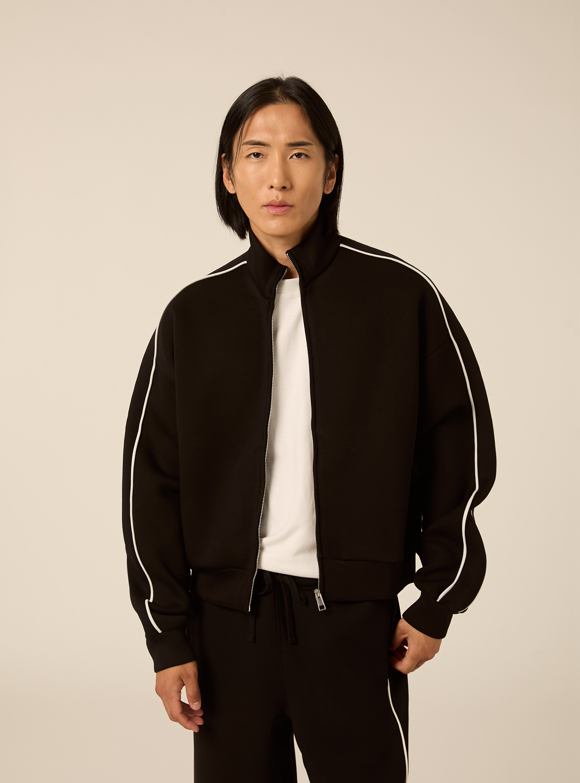 Cardigan boxy con piping in contrasto, BK1 BLACK
