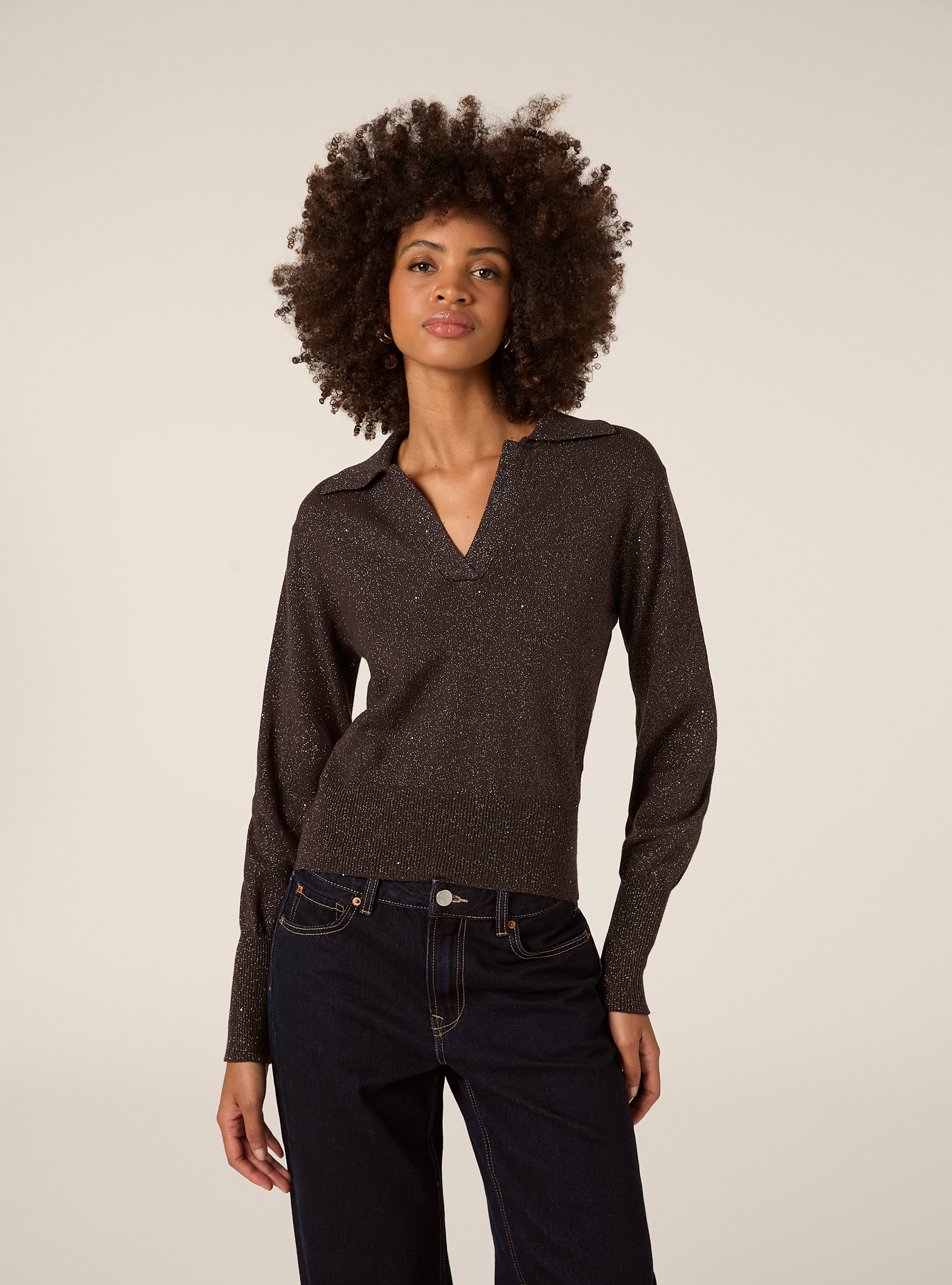 Maglia polo con effetto brillantini, BR1 BROWN DARK