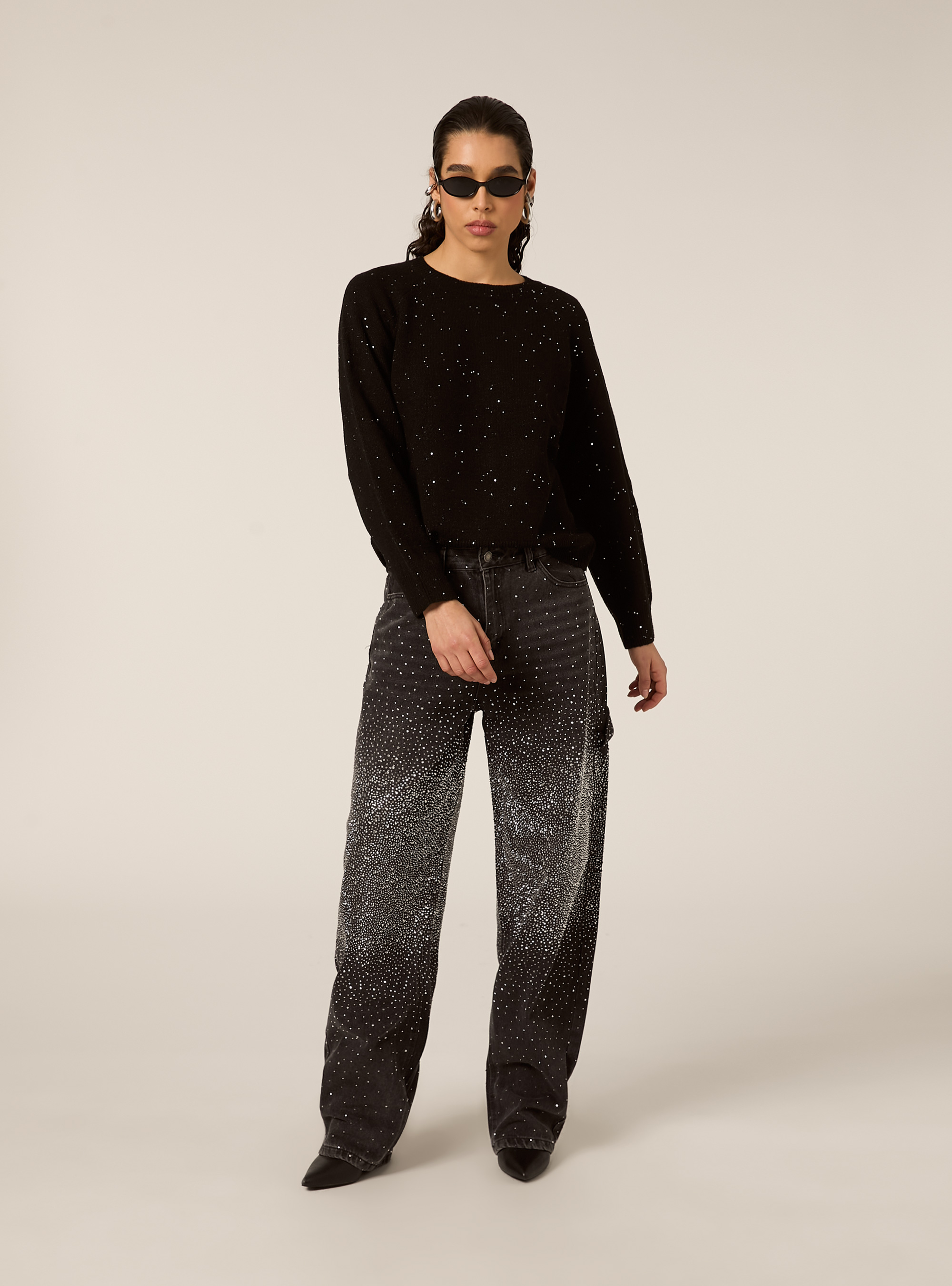 Maglia girocollo manica raglan in lurex, BK1 BLACK