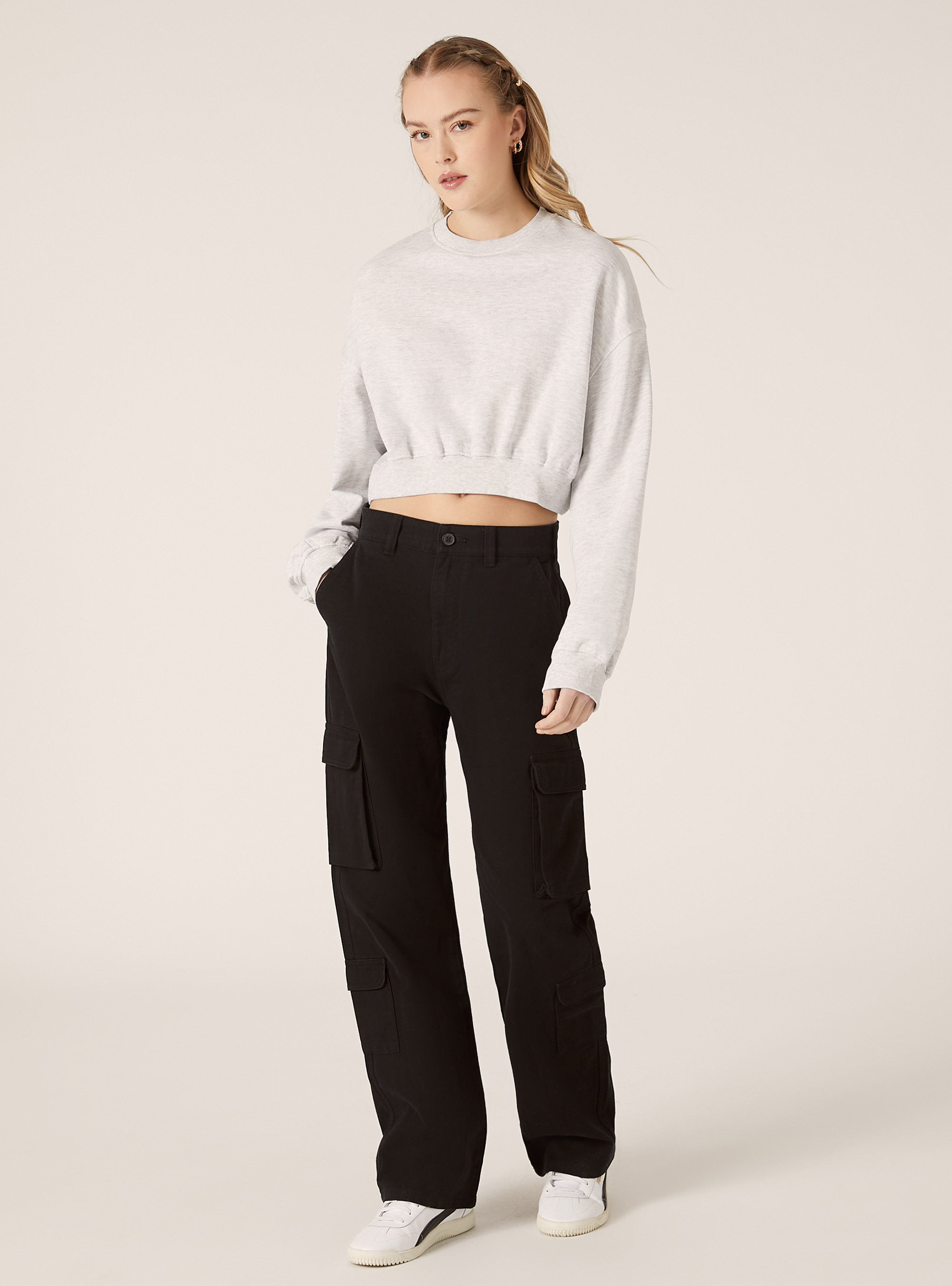 Felpa girocollo cropped, MGY3 GREY MEL LIGHT