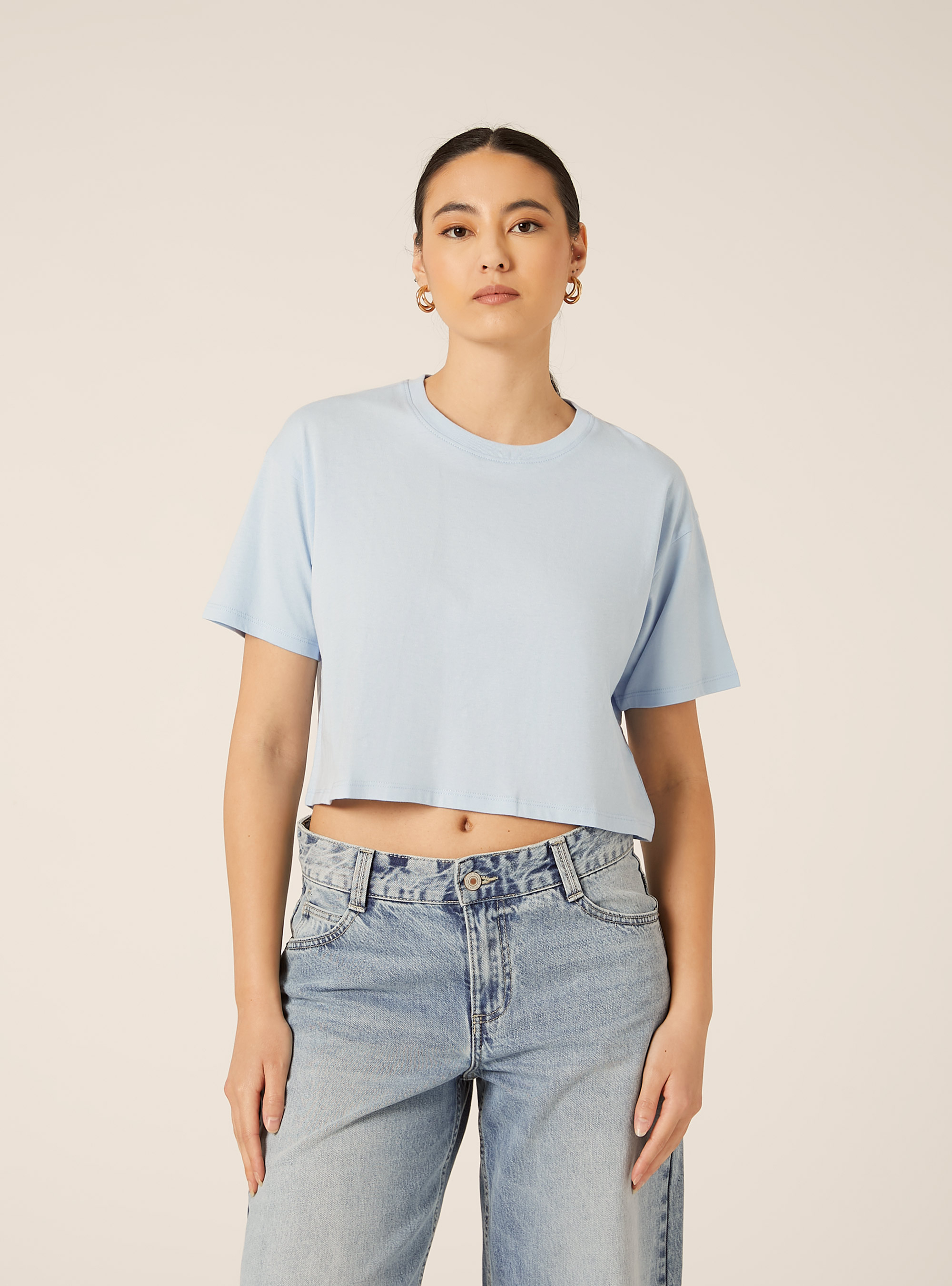 T-shirt crop over tinta unita, AZ2 AZURE MEDIUM
