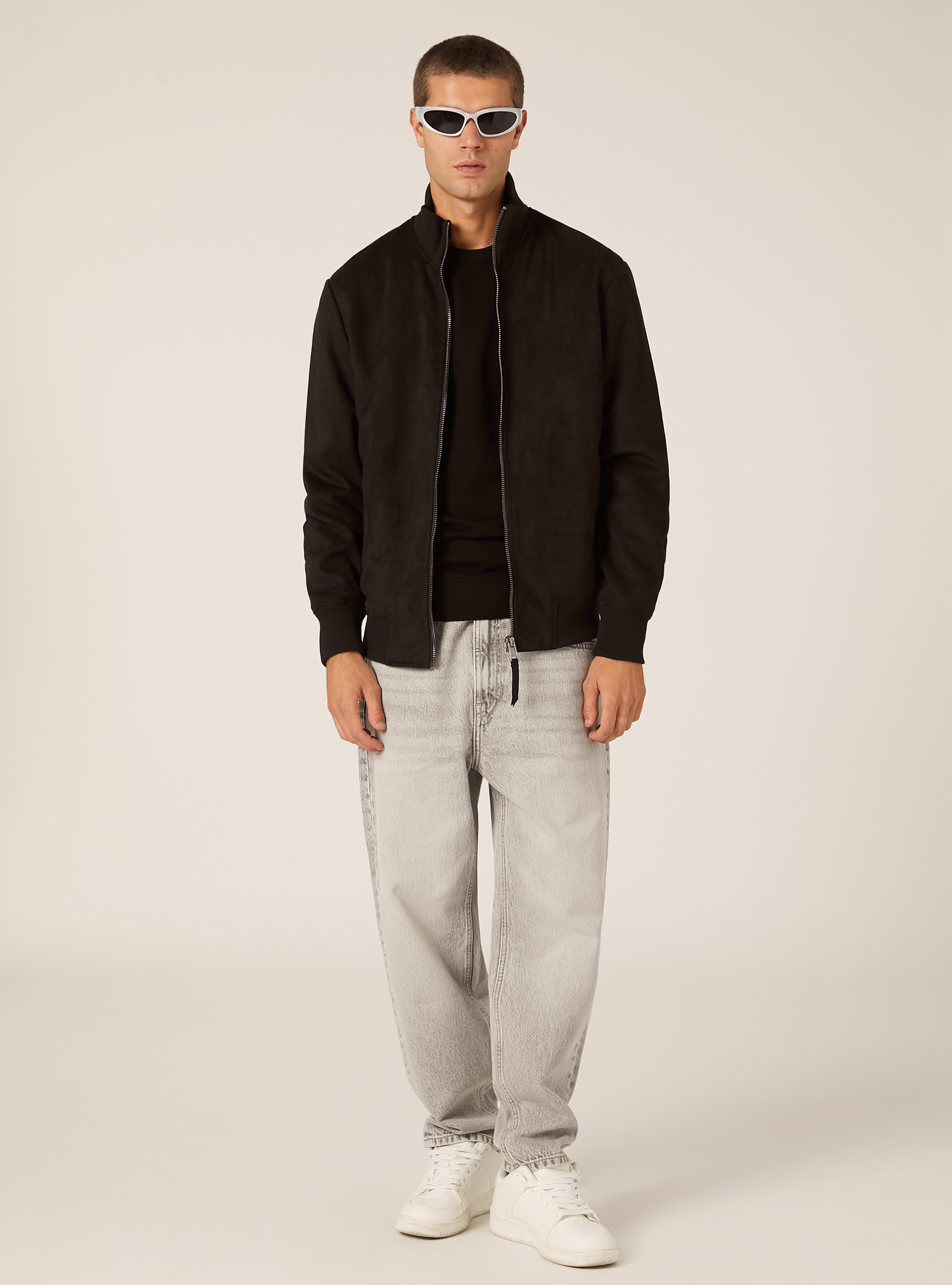 Suede-effect bomber jacket, BK1 BLACK