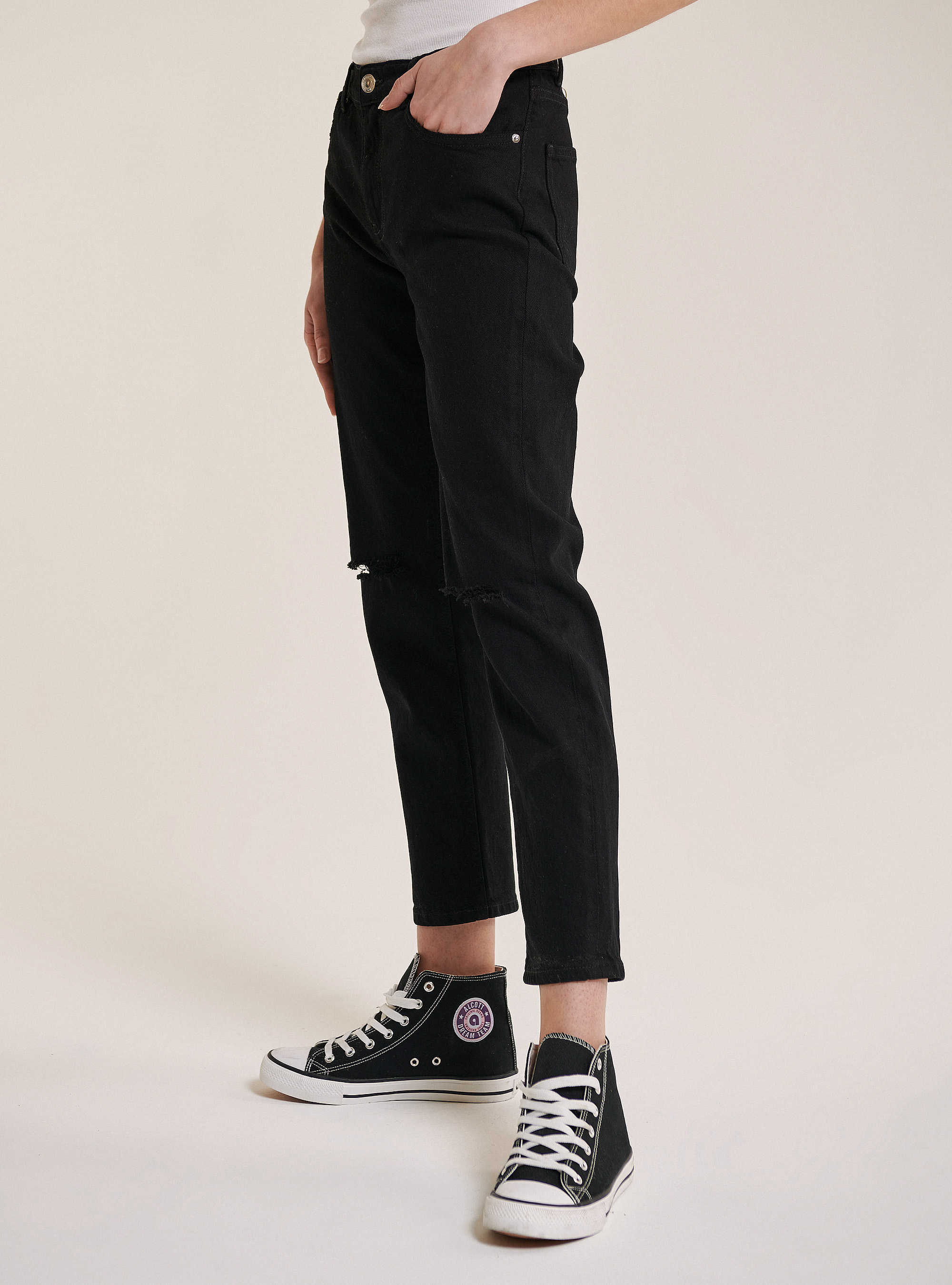Pantalons twill stretch slim boyfriend, C101 BLACK