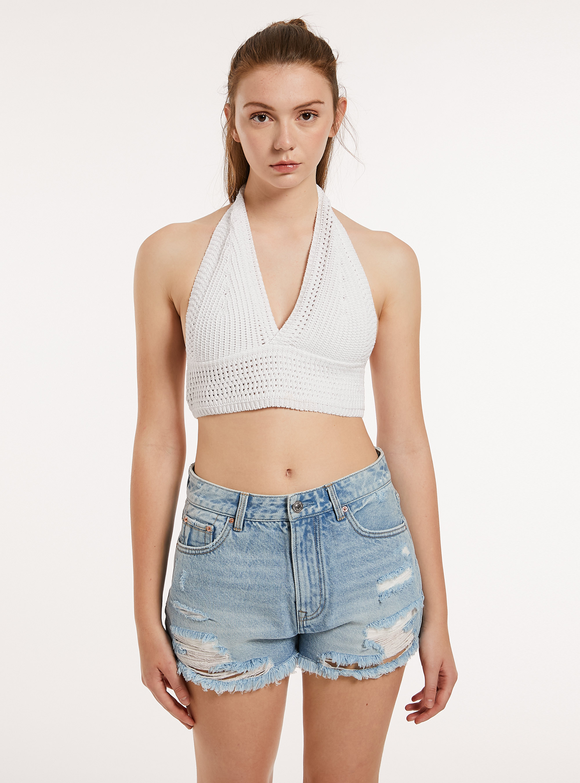 Cropped crochet top, WH1 OFF WHITE