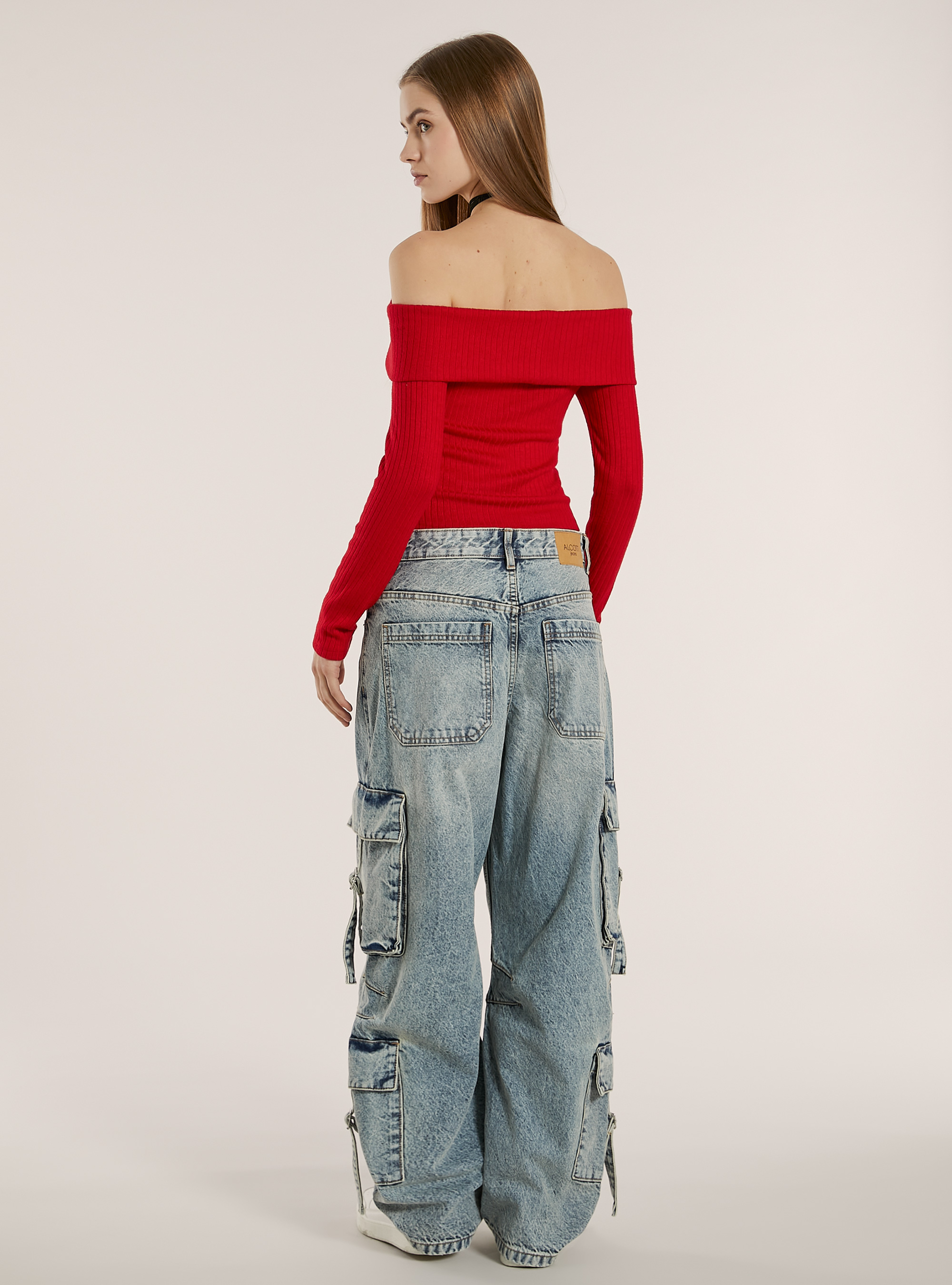 Pullover mit geripptem Bardot-Ausschnitt, RD2 RED MEDIUM