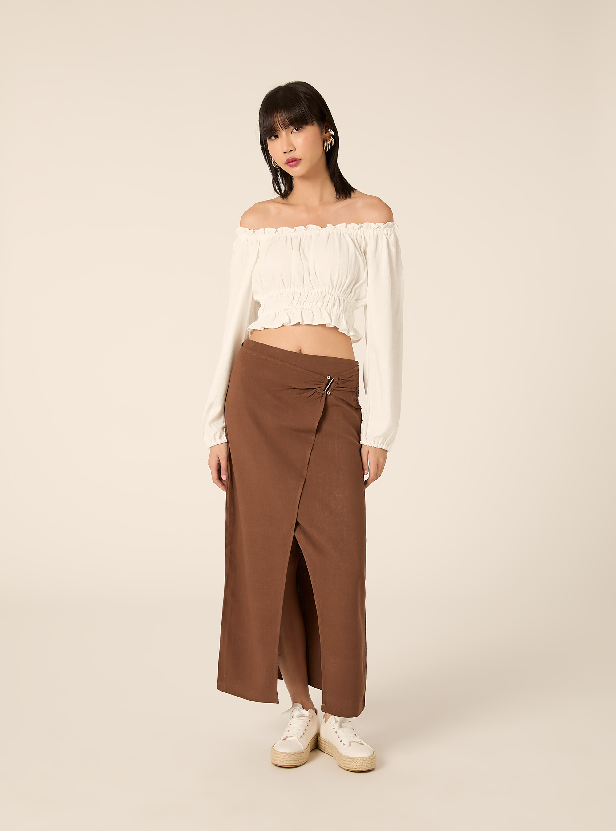 Blusa con spalle scoperte in misto lino, WH2 WHITE