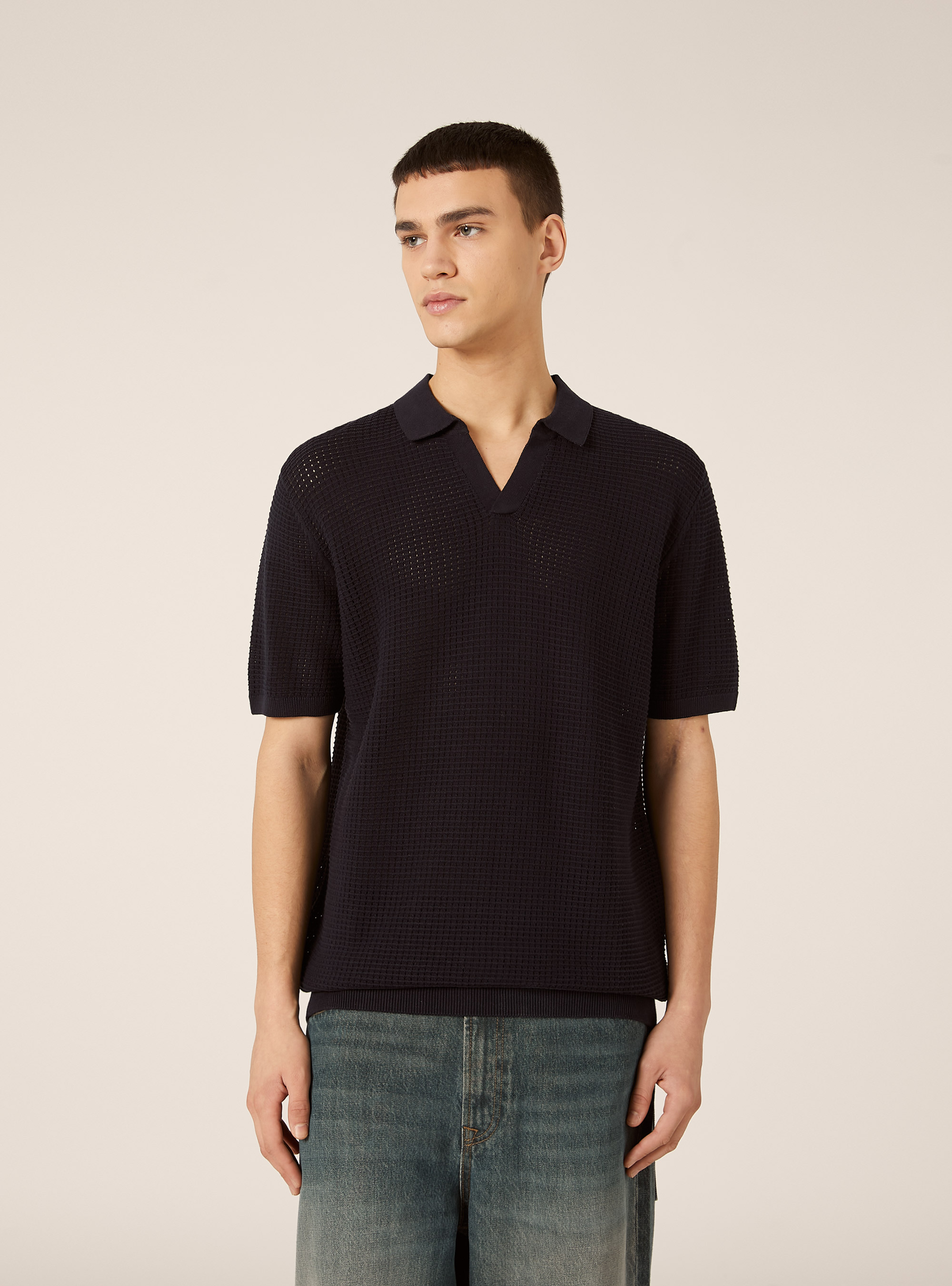 Polo-Shirt aus durchbrochenem Strick, NA2 NAVY MEDIUM
