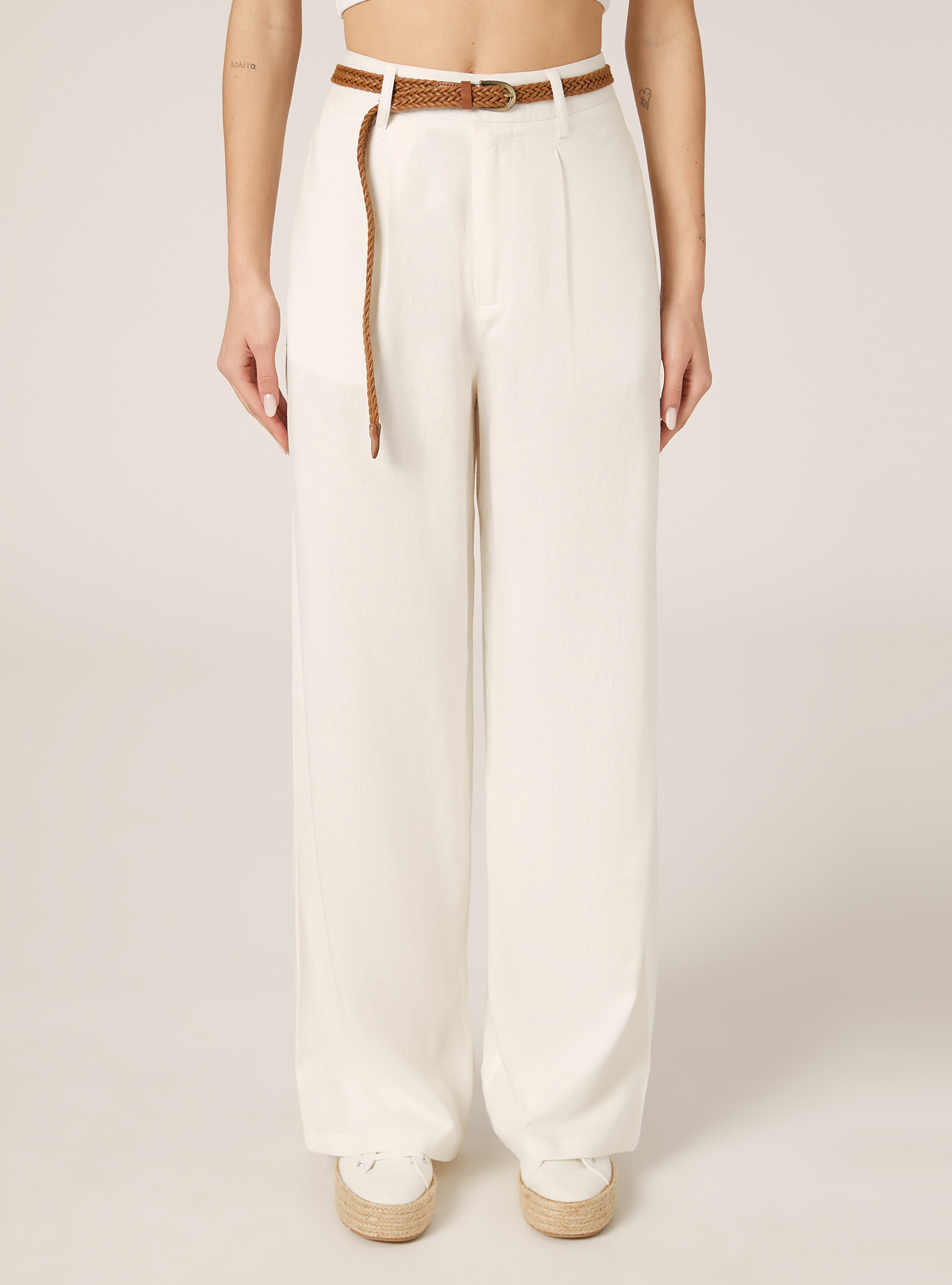 Pantalón de mezcla de lino con cinturón, WH2 WHITE