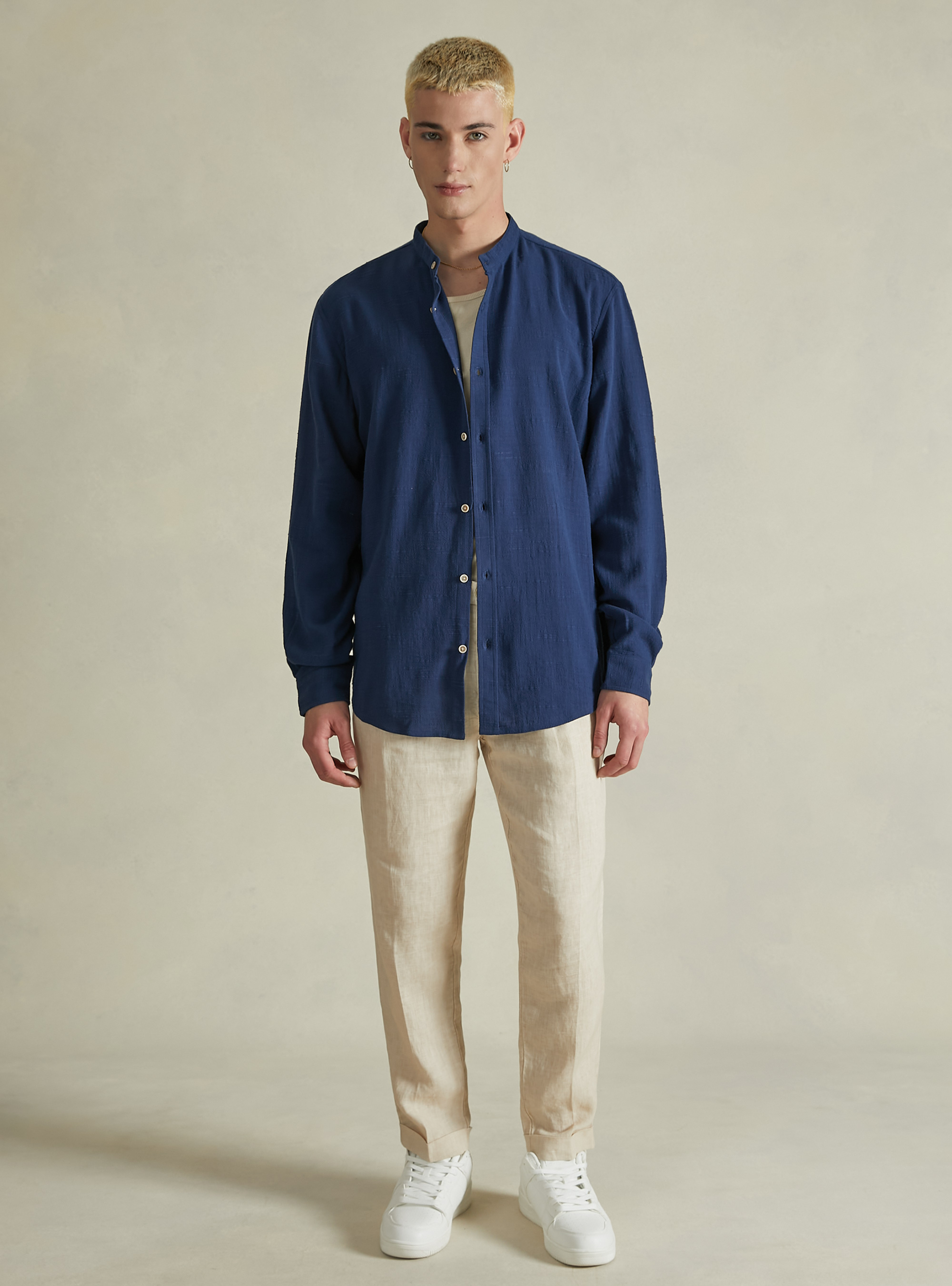 Linen blend shirt with mandarin collar, NA2 NAVY MEDIUM