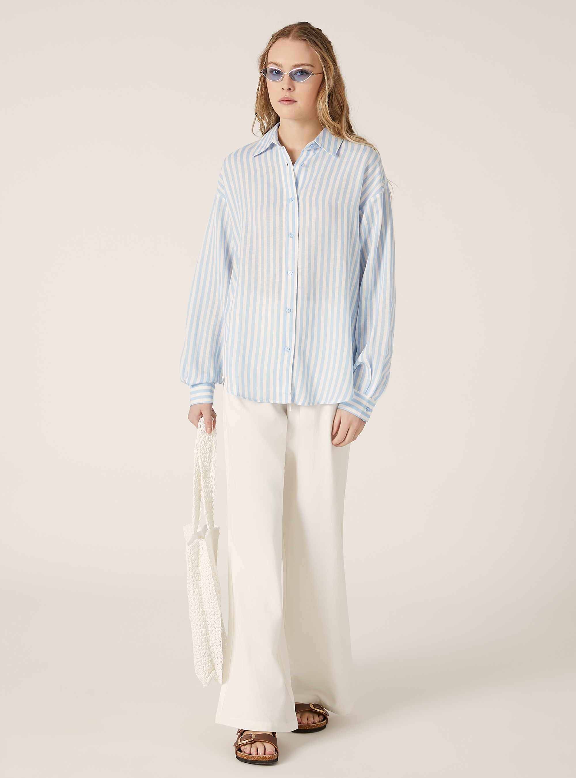 Camisa de rayas en mezcla de lino, AZ3 AZURE LIGHT