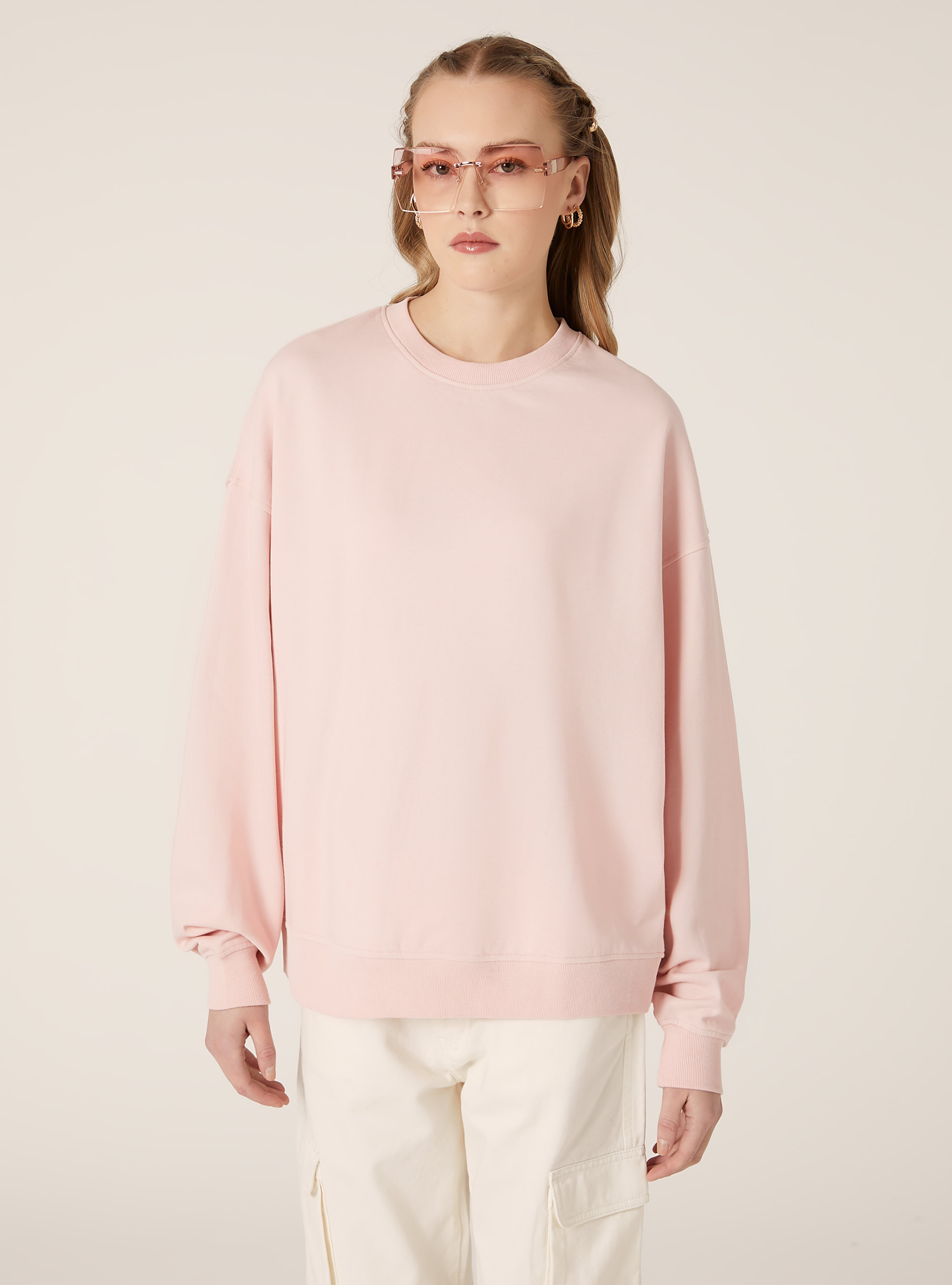 Sweat à col ras du cou en coton uni, PK2 PINK MEDIUM