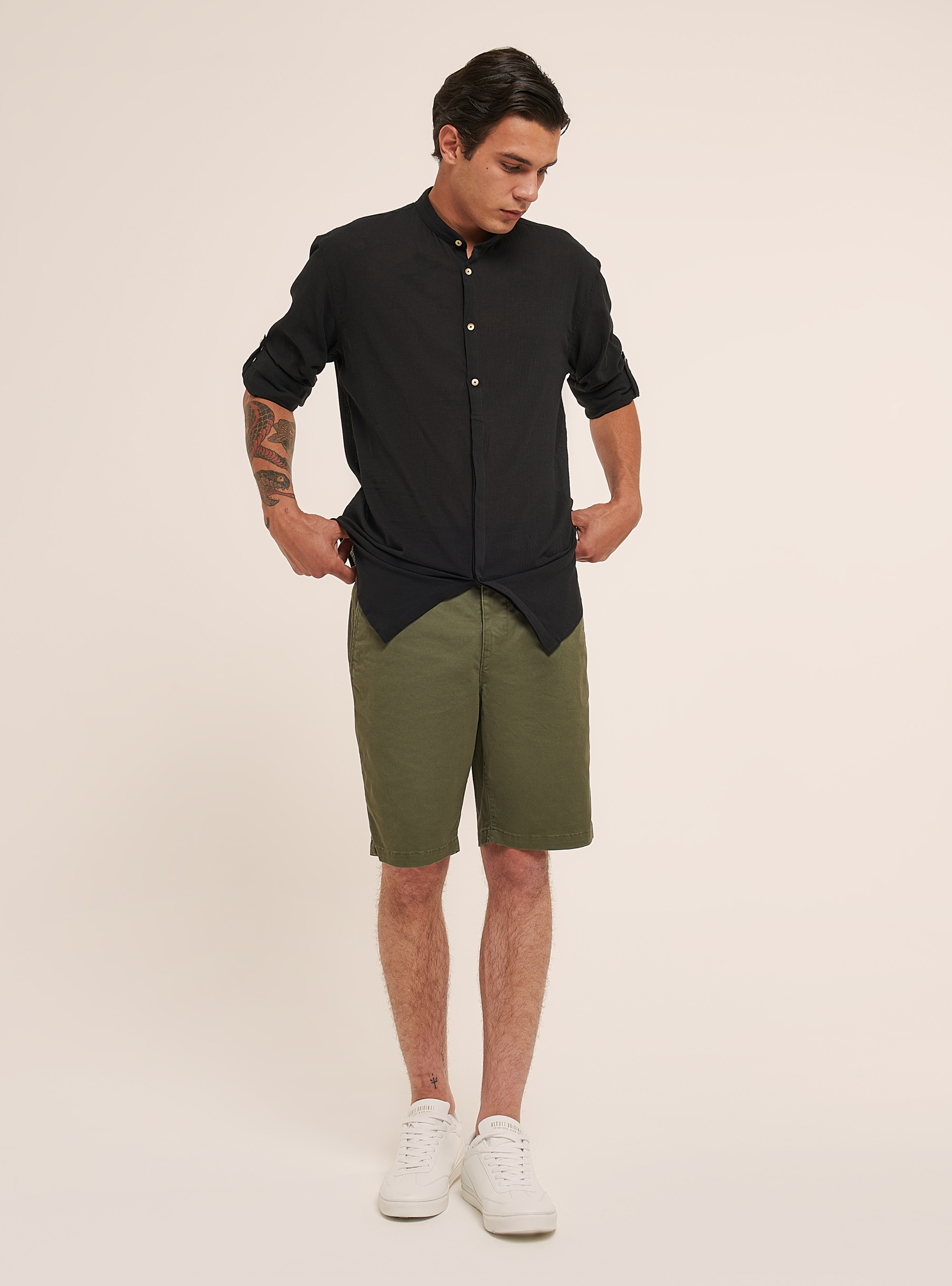 Chemise à manches longues en coton avec col coréen, C101 BLACK