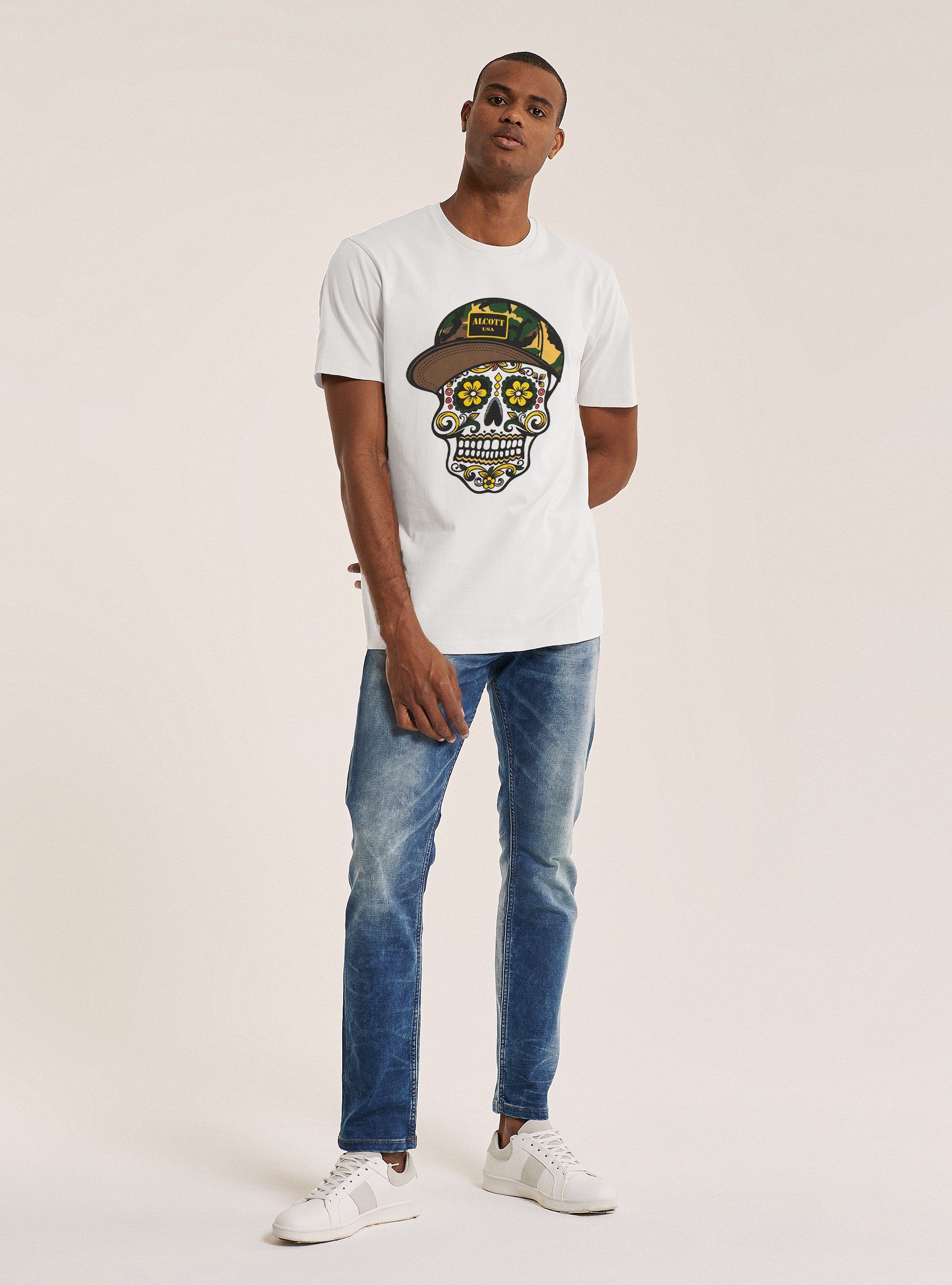Camiseta de algodón con estampado de calavera, BLANCO