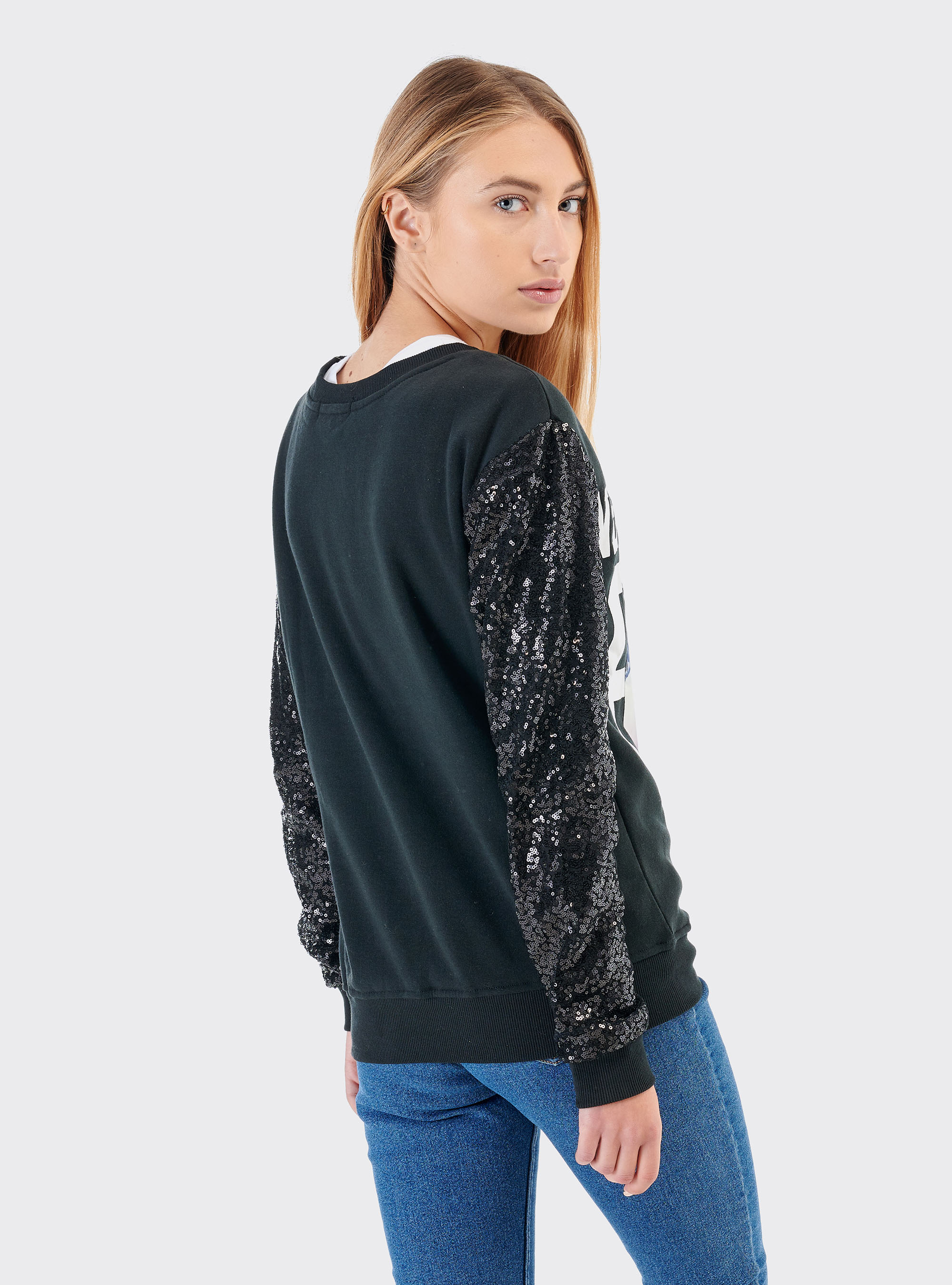Felpa con maniche paillettes, C101 BLACK