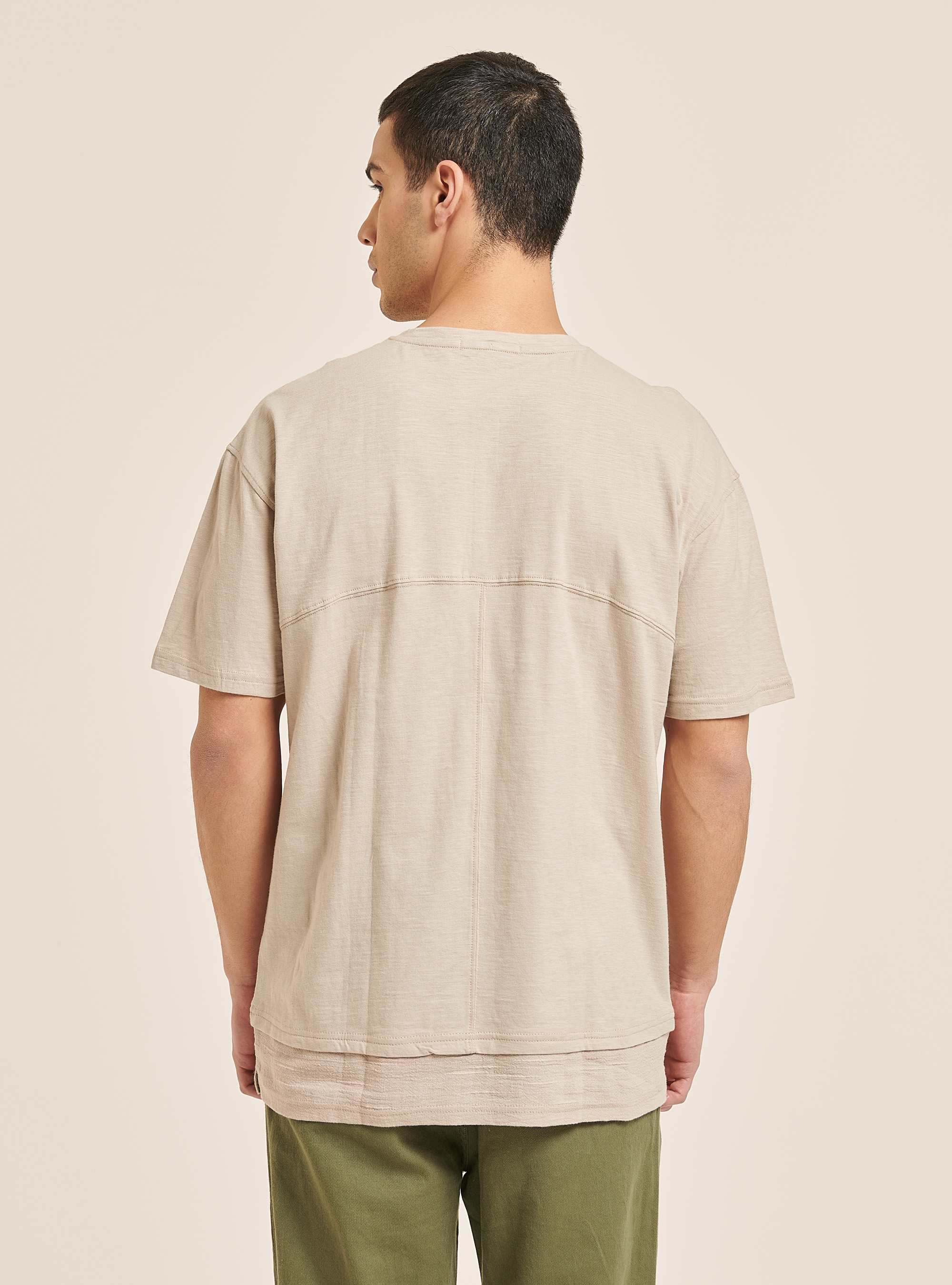 Linen blend T-shirt with serape collar, C0582 BEIGE