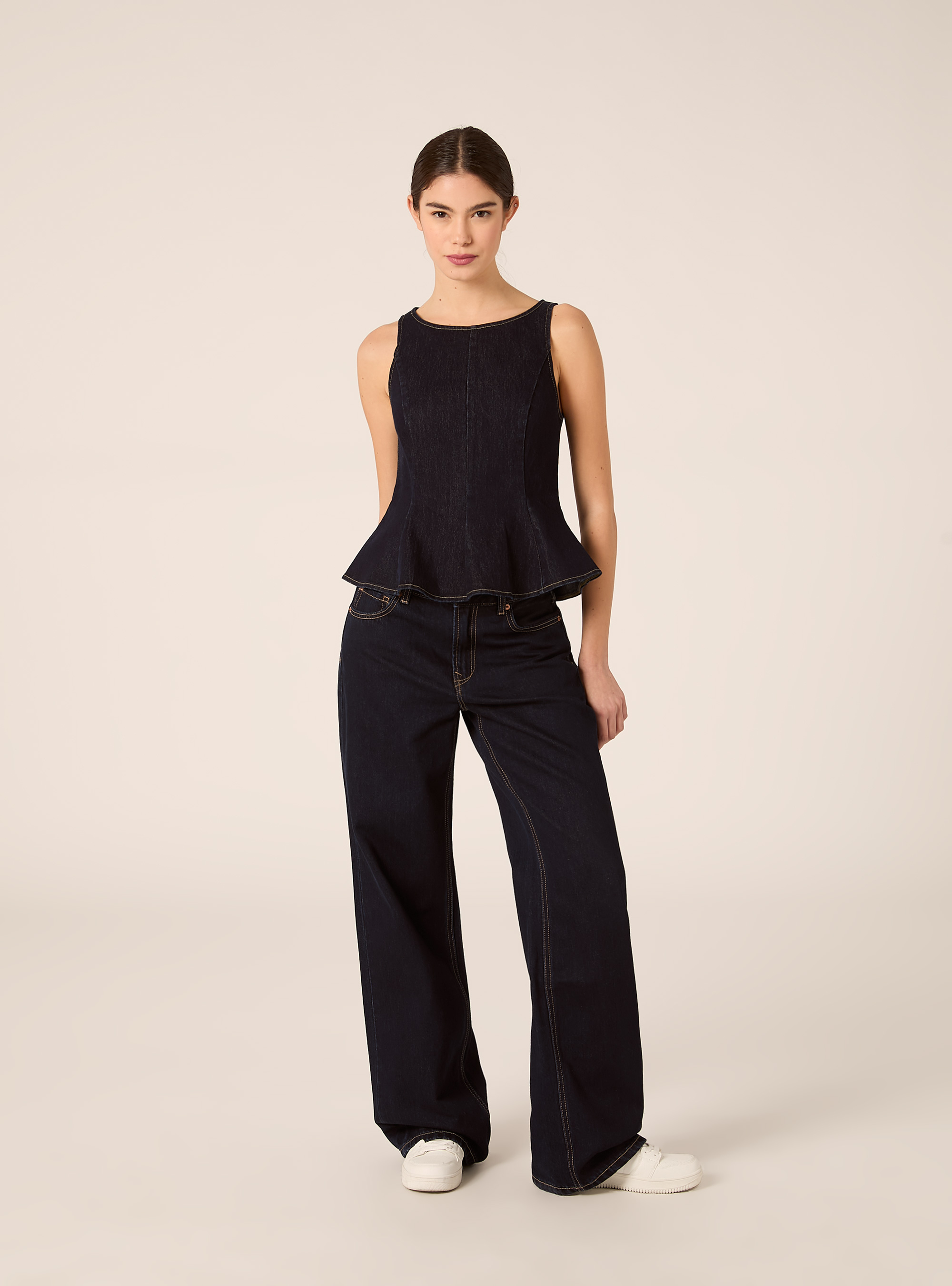 Top baschina in denim senza maniche, D001 DEEP BLUE