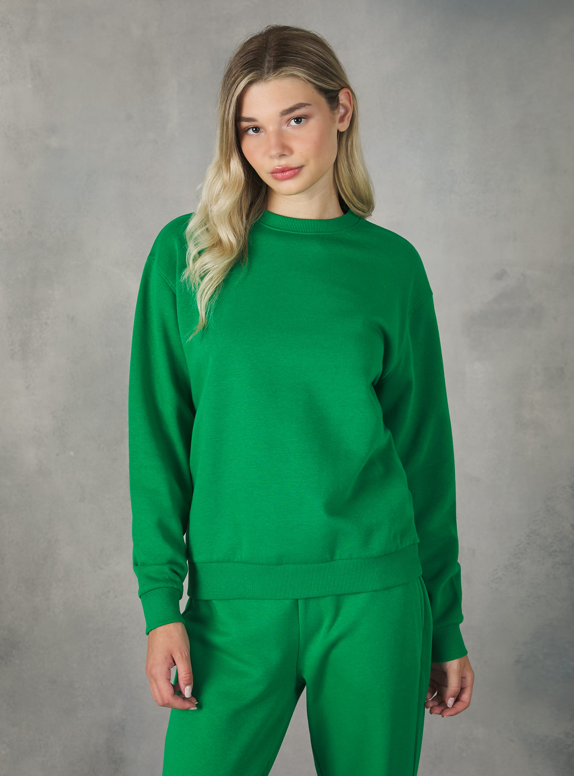 Plain-coloured cotton crew-neck sweatshirt, GN2 GREEN MEDIUM