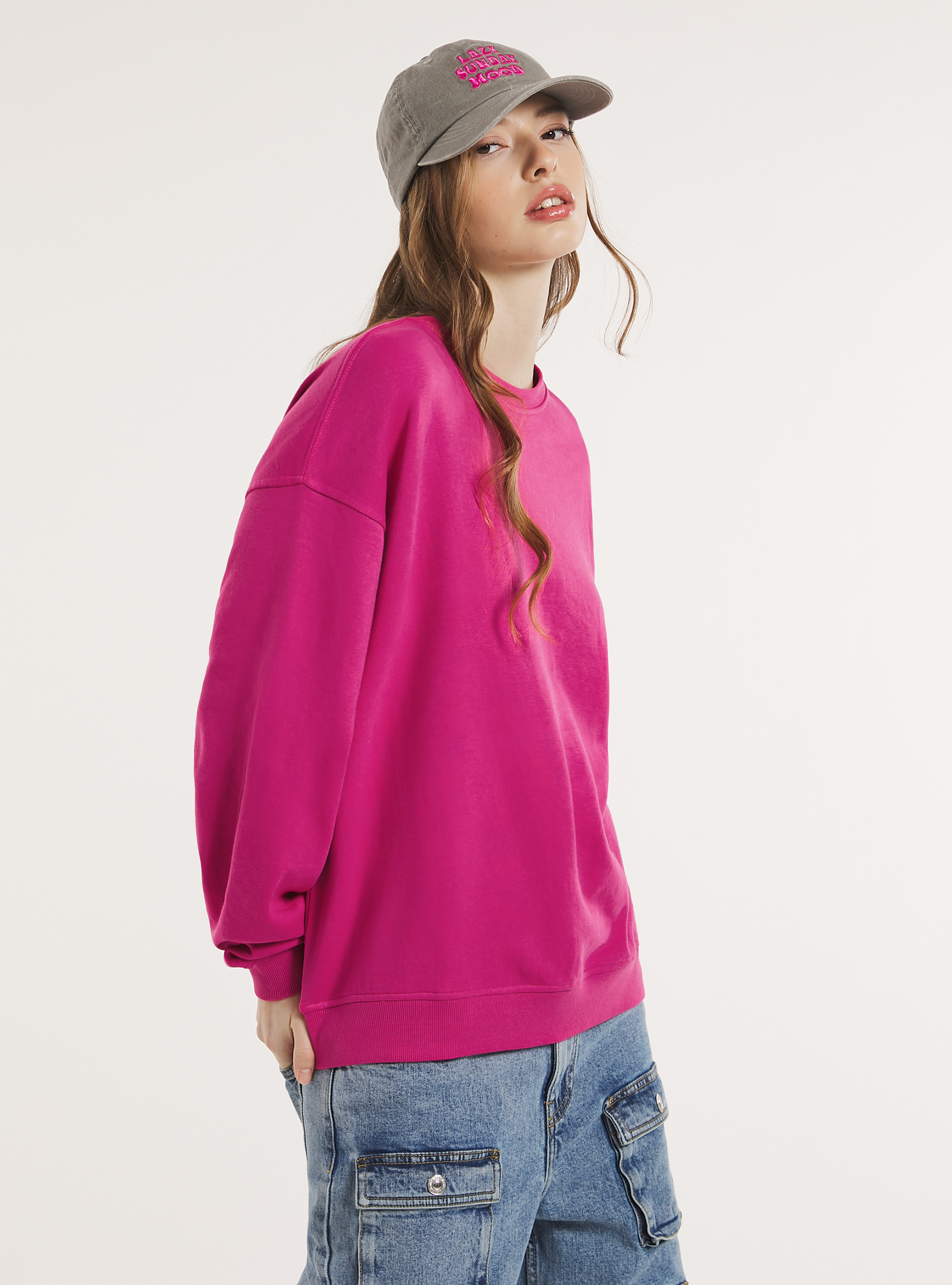 Plain cotton crew-neck sweatshirt, FX2 FUXIA MEDIUM