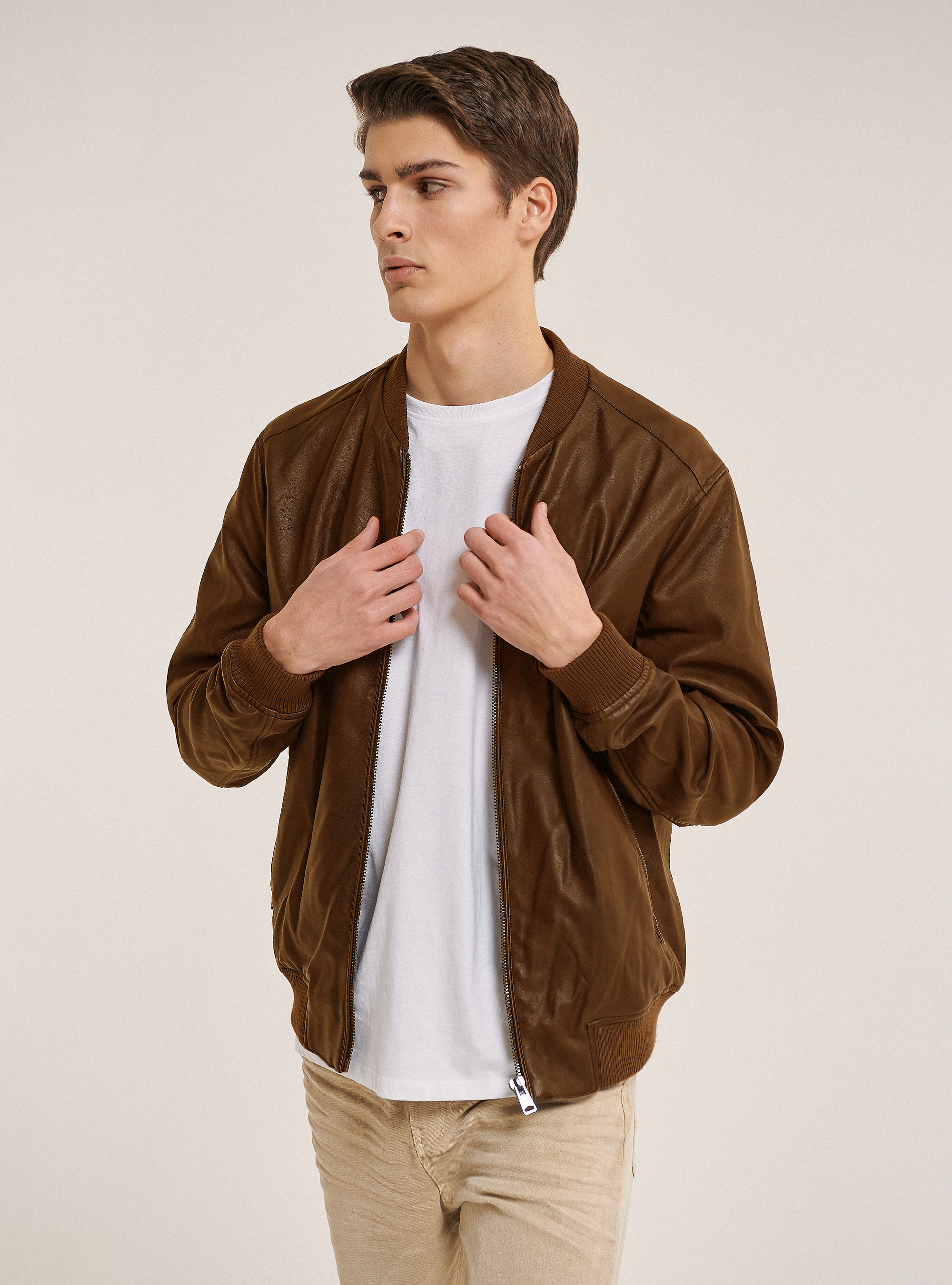 brown faux leather bomber