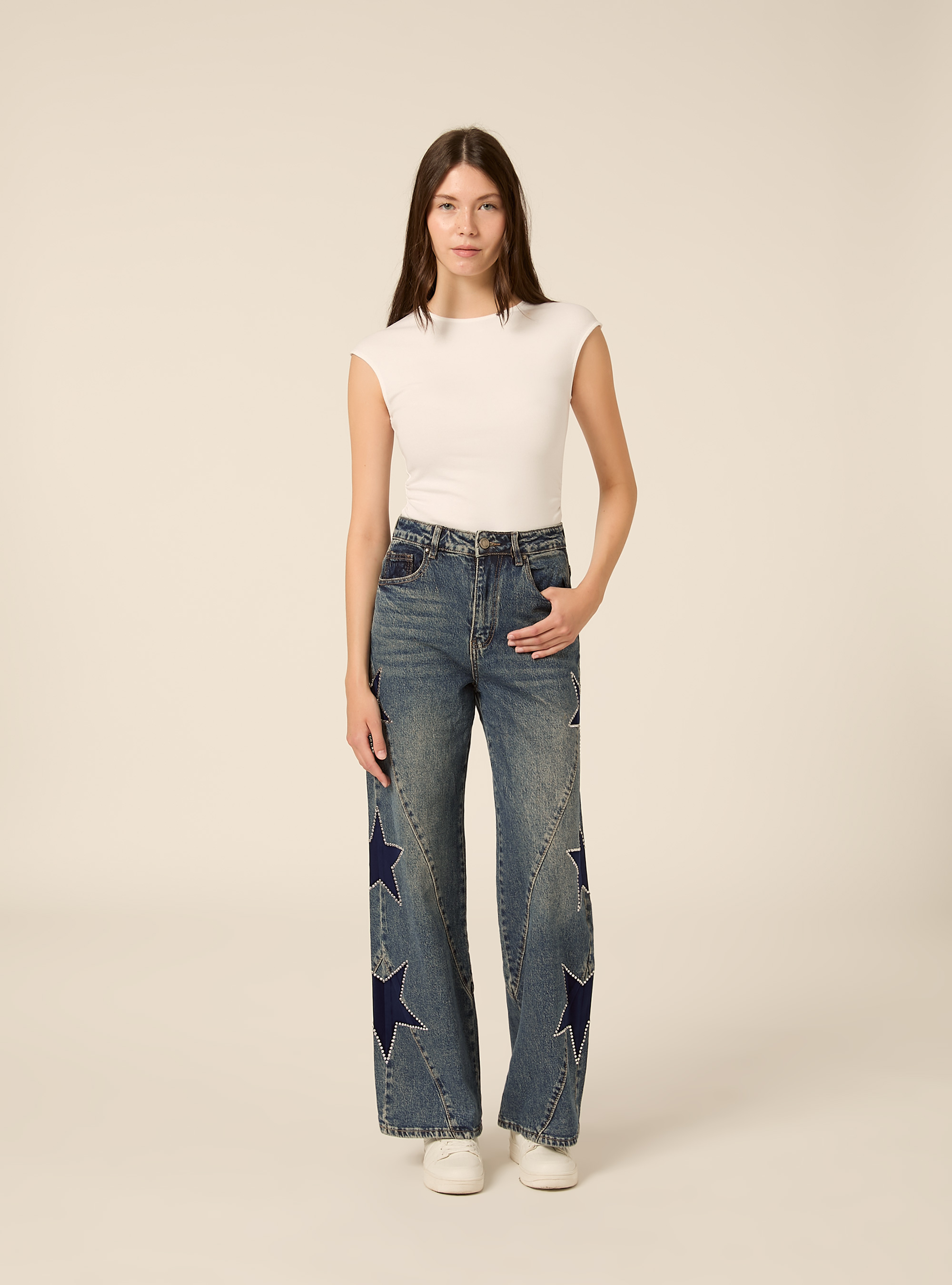 Jeans straight fit con stelle e strass, D002 MEDIUM DARK BLUE