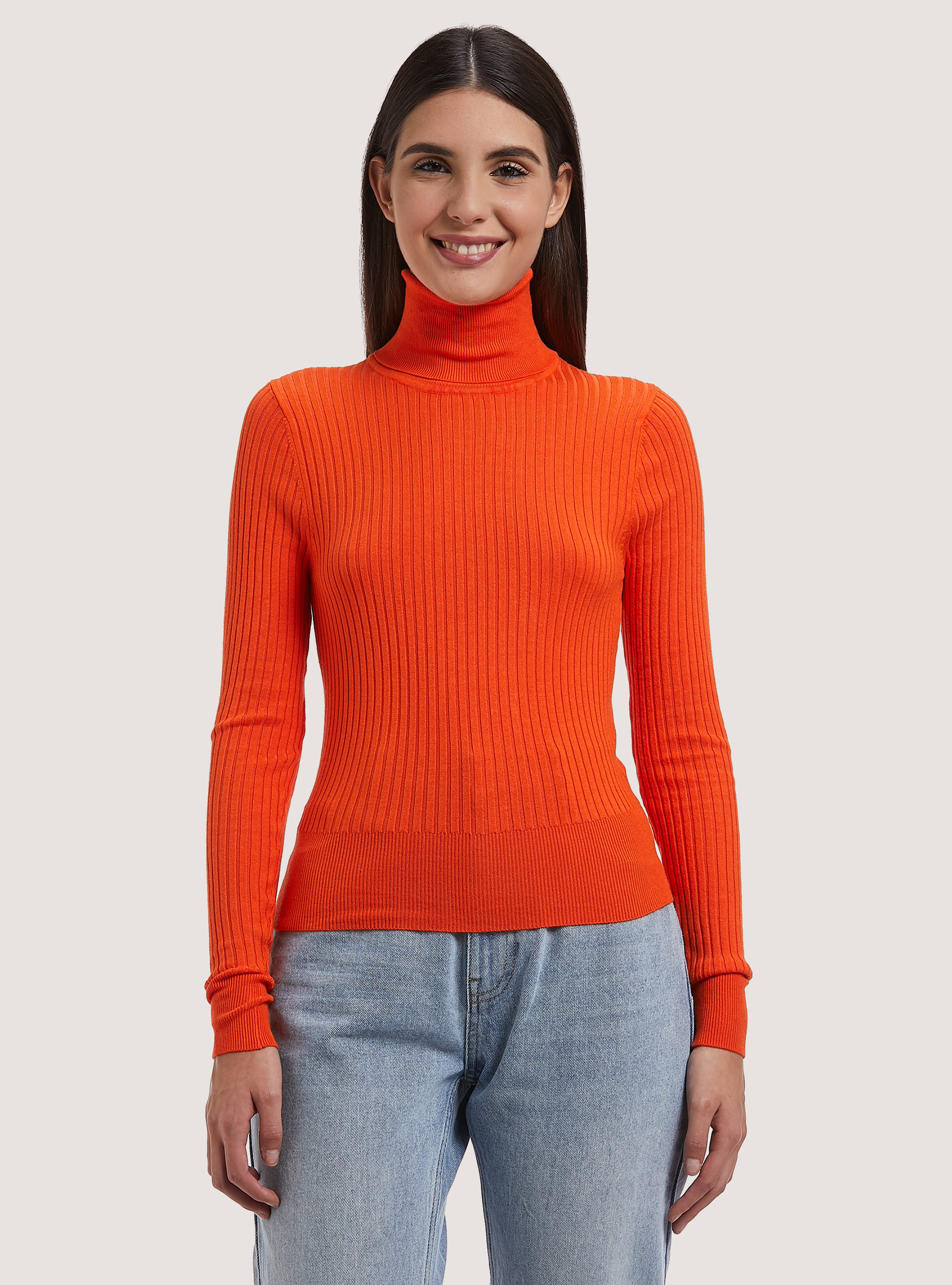 Pullover cropped a collo alto a coste, OR2 ORANGE MED.