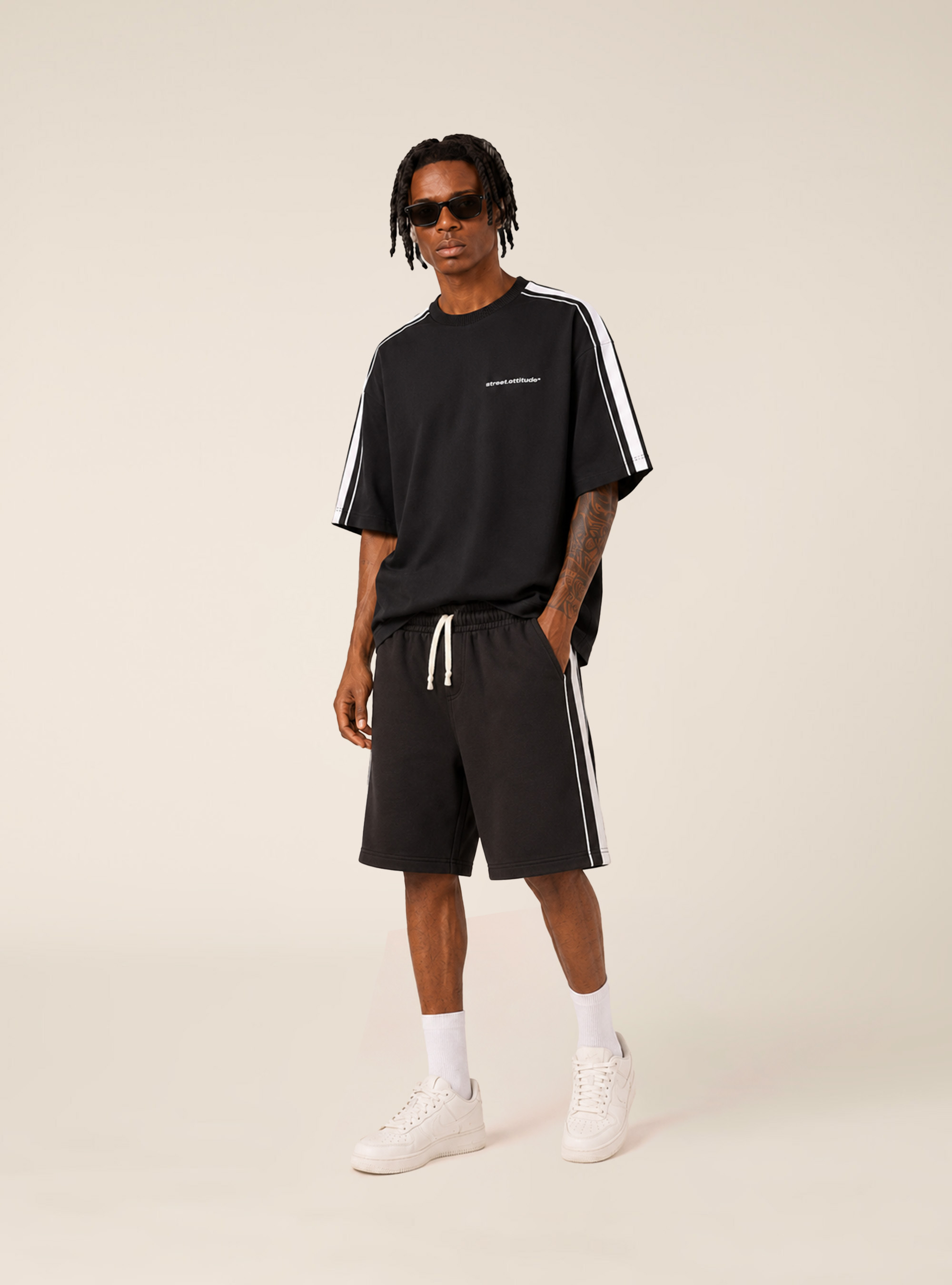 Urban Bermuda Shorts with Side Stripes, BK1 BLACK