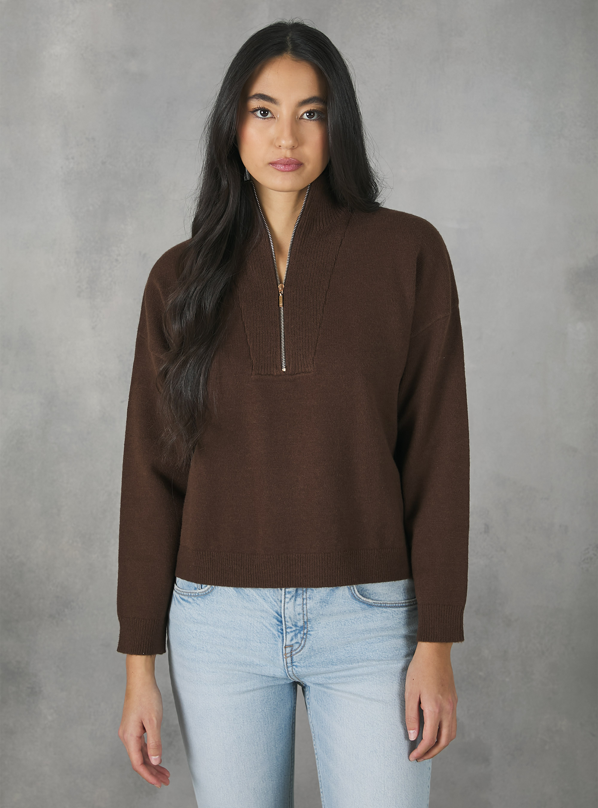 Pull demi-cou avec fermeture éclair, BR2 BROWN MEDIUM