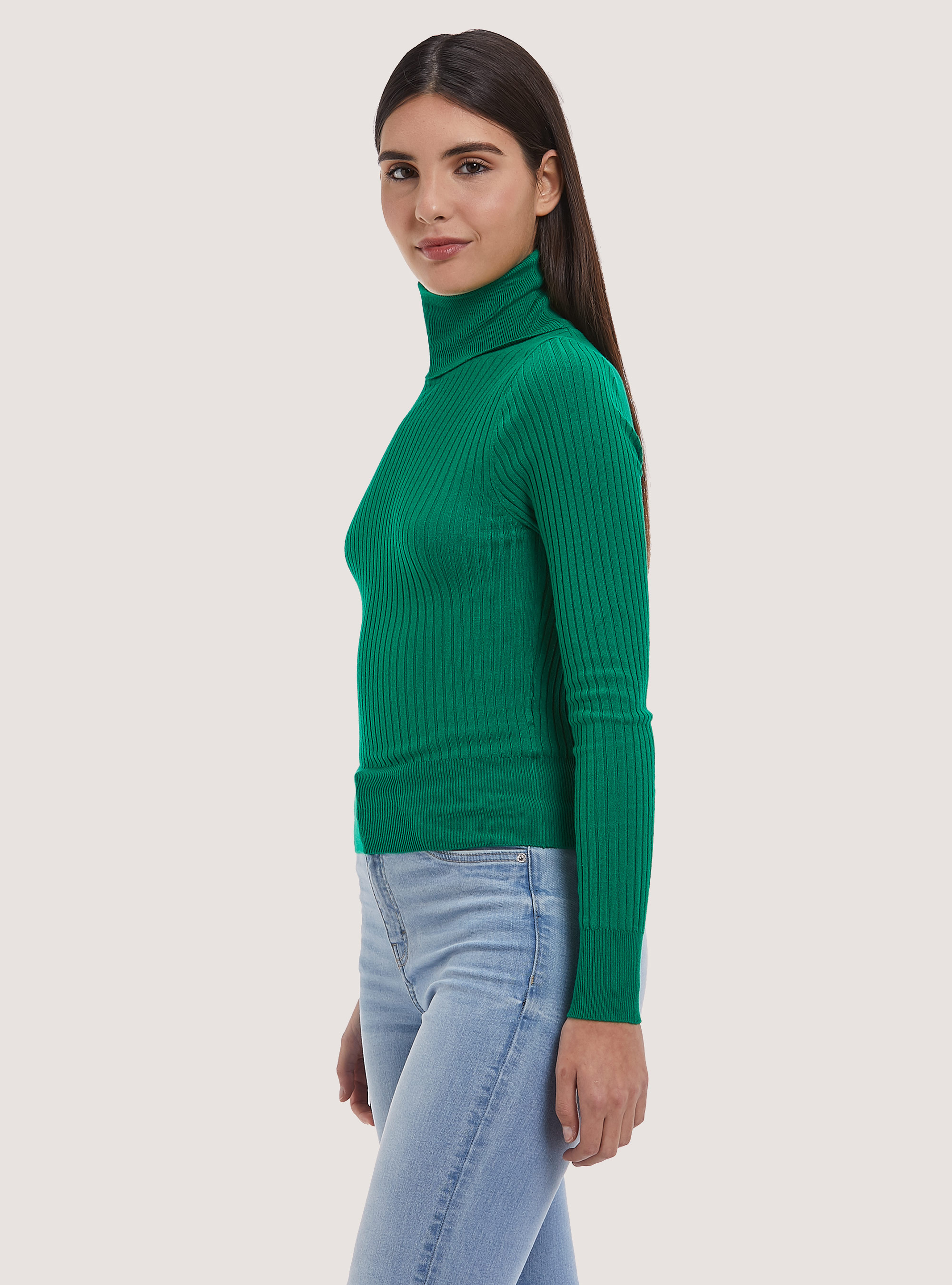 Pullover cropped a collo alto a coste, GN2 GREEN MEDIUM