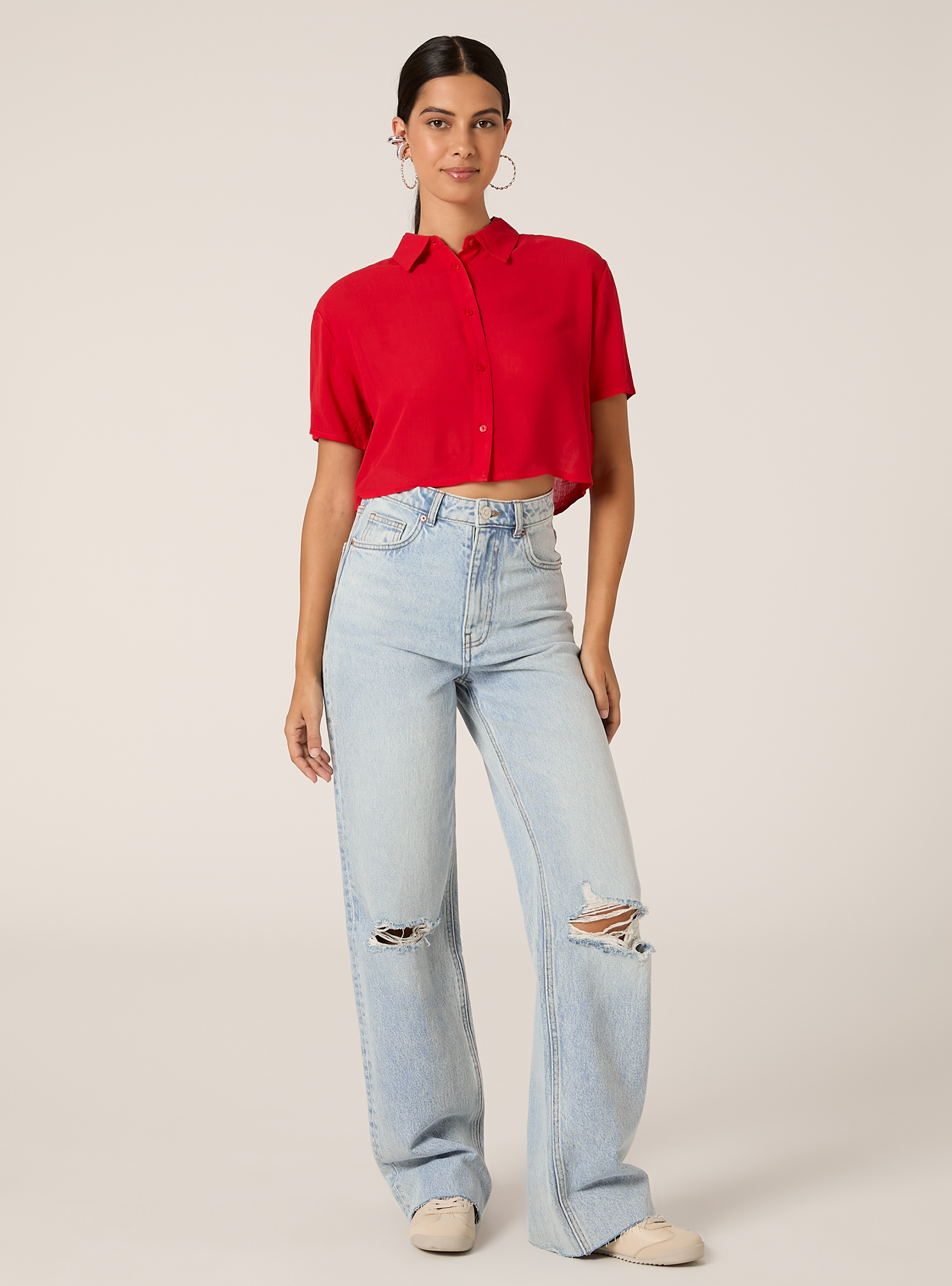 Cropped crepe shirt, RD2 RED MEDIUM