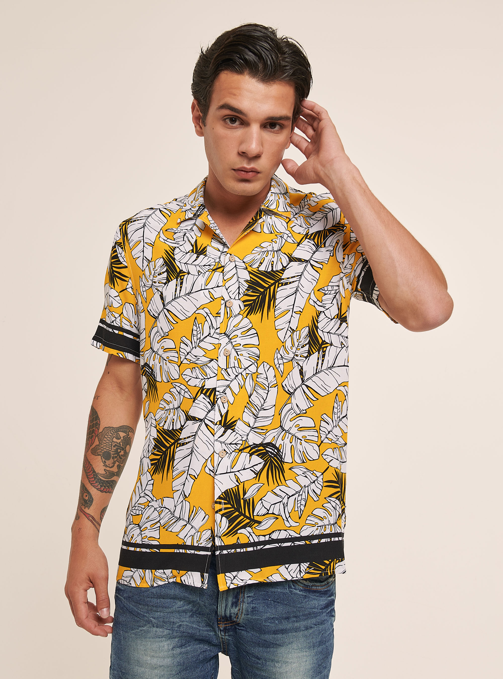 Camicia a maniche corte con stampa floreale, LEAVES