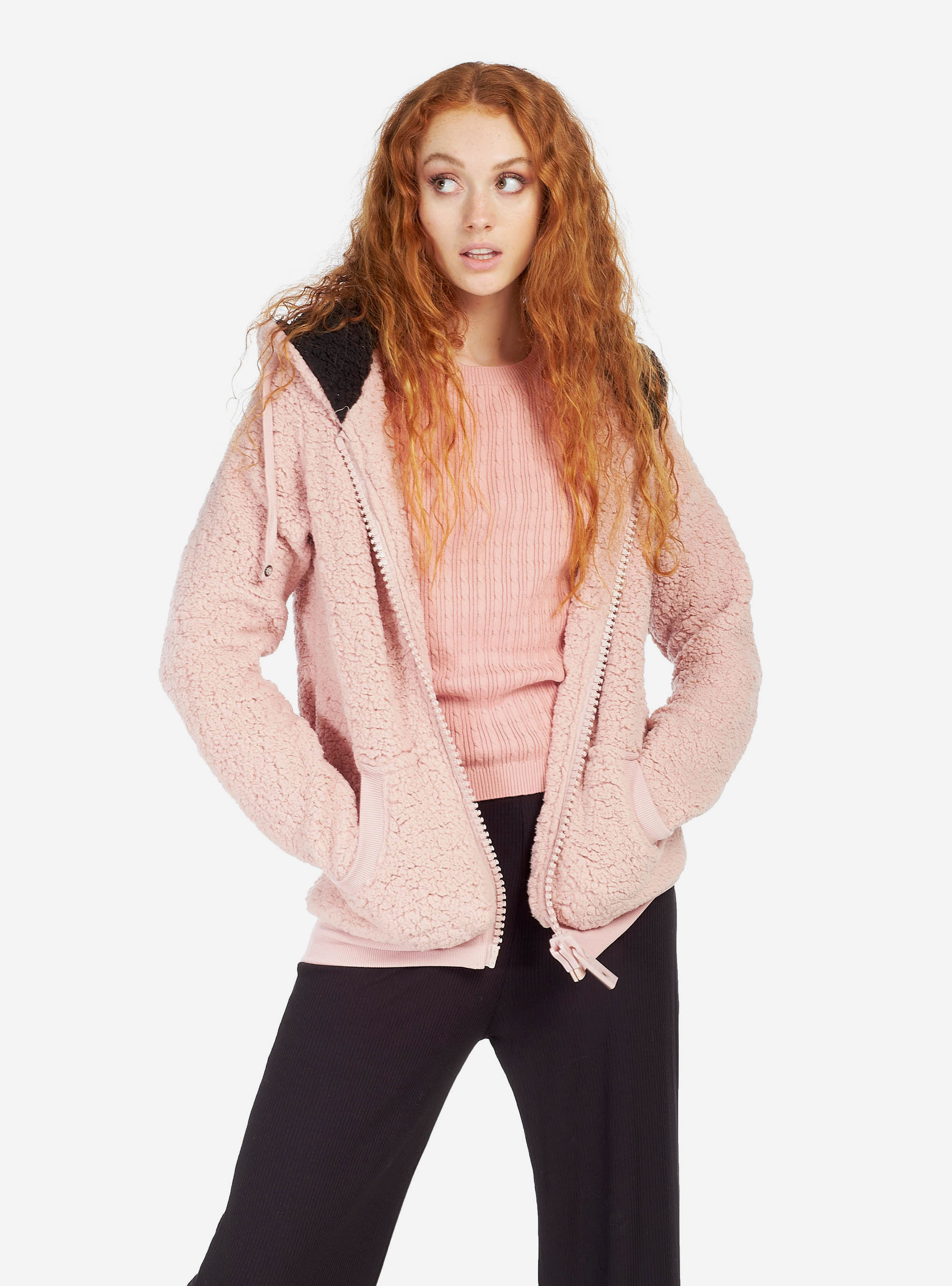 Sudadera con capucha y orejas de pelo sintético, ROSA