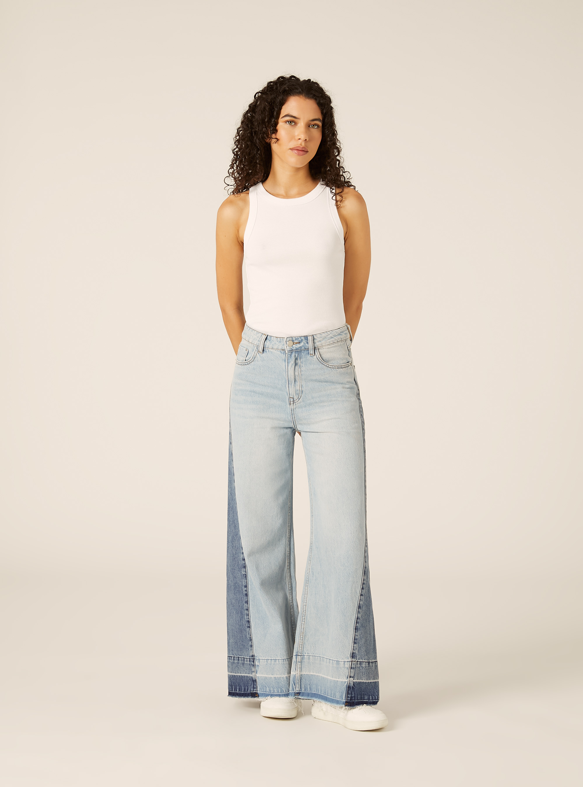 Patchwork Wide-Leg Jeans, D006 AZURE